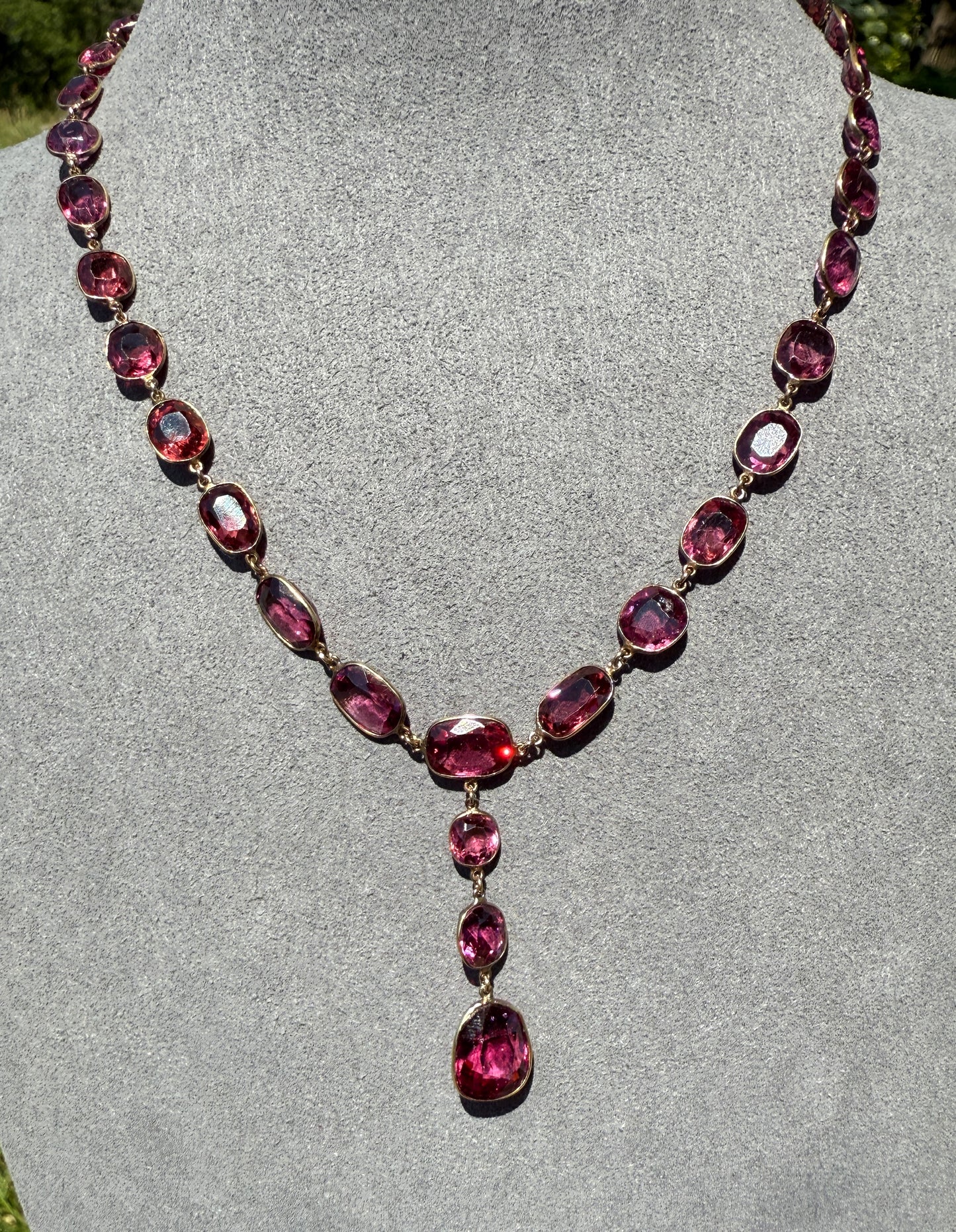 Antique 36 GARNET Riviera Station Chain 10k GOLD Berry Purple Pink Chunky Lariat Y Necklace Collar