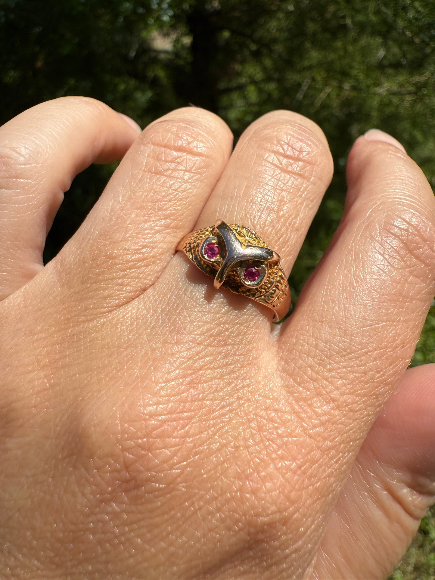 OWL French Vintage 18k Gold Perched Figural Ring Diamond and Ruby Eyes