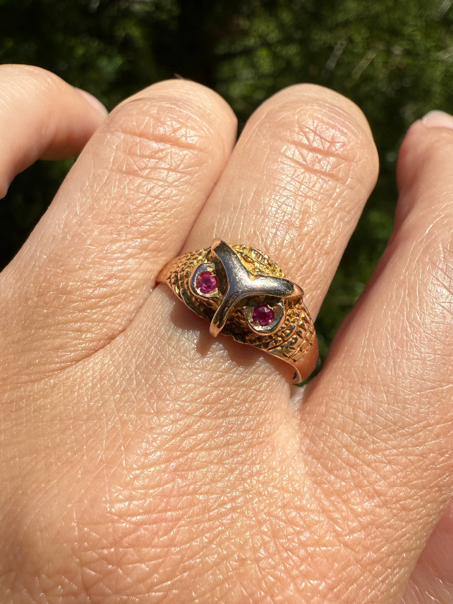 OWL French Vintage 18k Gold Perched Figural Ring Diamond and Ruby Eyes