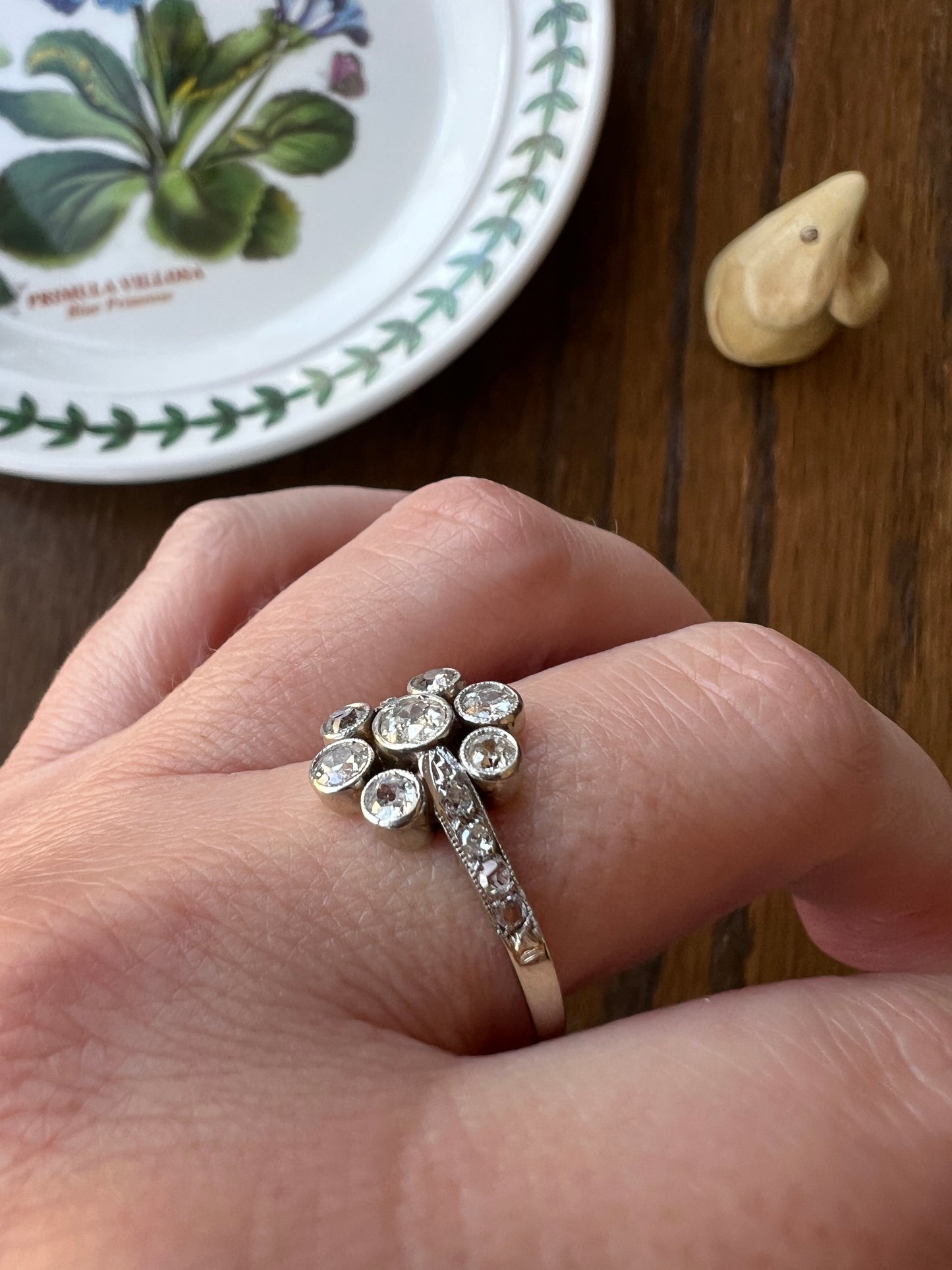 Unique 1 Carat Antique Rose & Old Mine Cut DIAMOND Seven Stone Cluster Ring 18k White Gold French Art Deco Bezel Set Halo