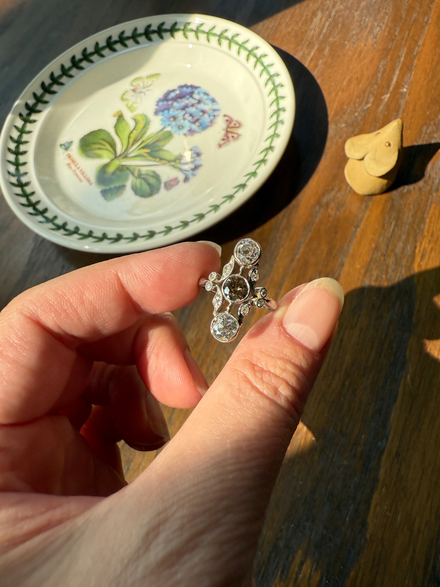 ORNATE Belle Epoque Antique 1.6 Carat Tdw Champagne Fancy Light Brown & White Three Stone Old Mine Cut Diamond Platinum Navette Ring Oval Victorian French