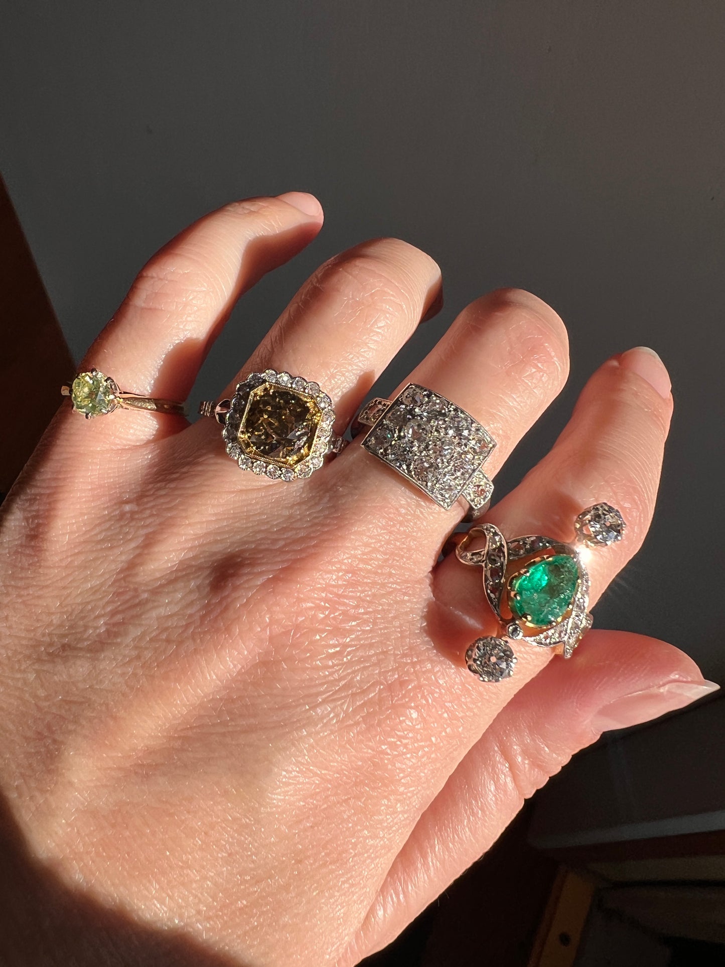 Antique Belle Epoque Pear EMERALD 1.5 Carat Rose Old Mine Cut Diamond XL Swirl Ring French 18k Gold