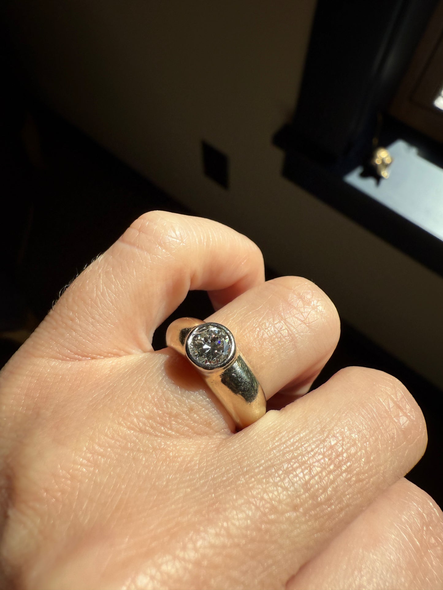 Vintage .73 Carat Transitional Cut DIAMOND Gypsy Bezel Set Ring Stacker Band Pale Yellow 18k Gold Solitaire