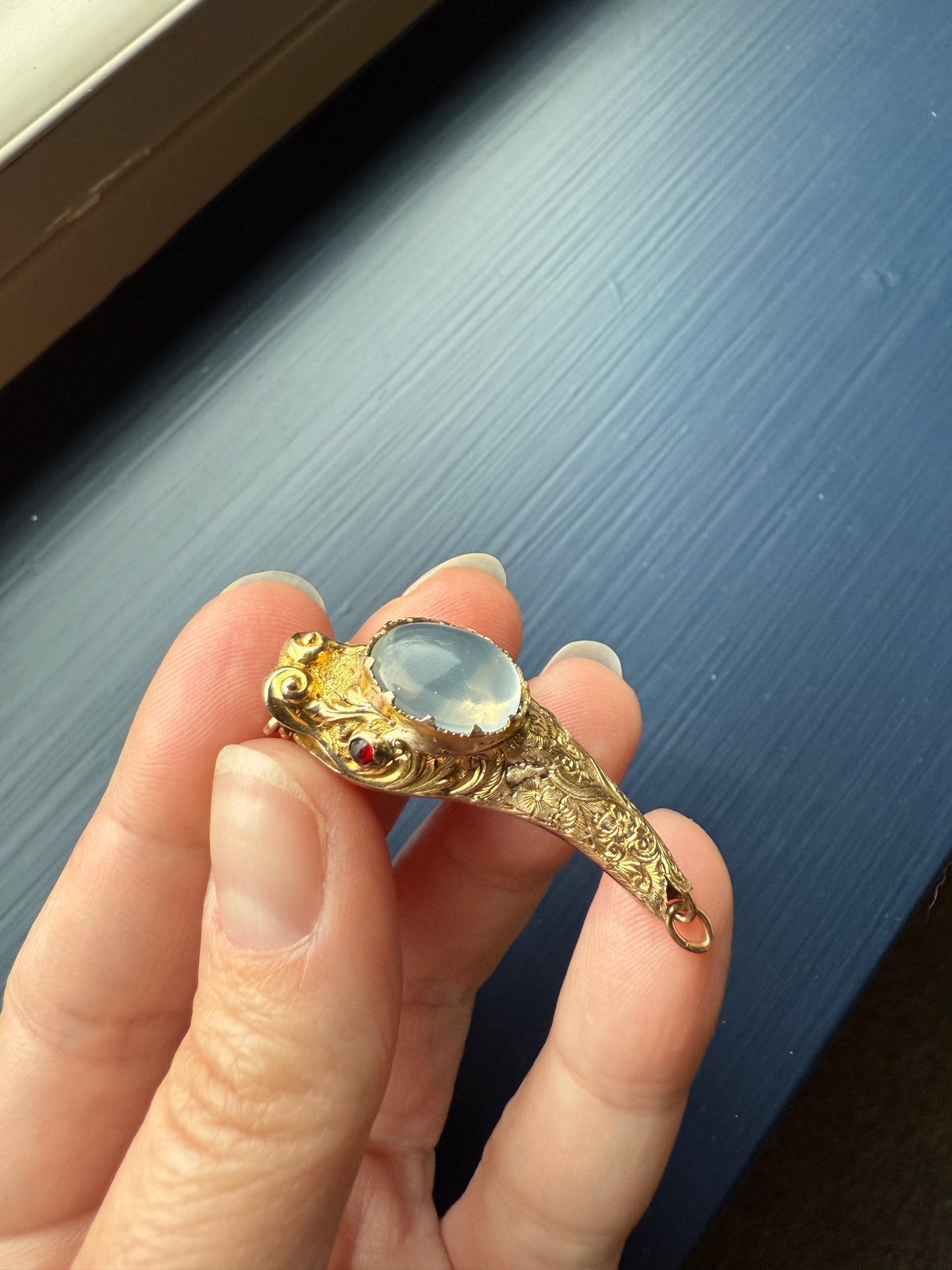 MOONSTONE Smiling SNAKE Large Victorian Antique Pendant CONNECTOR Extender Figural 10k Gold Solid Swivel Engraved Head Garnet Eyes