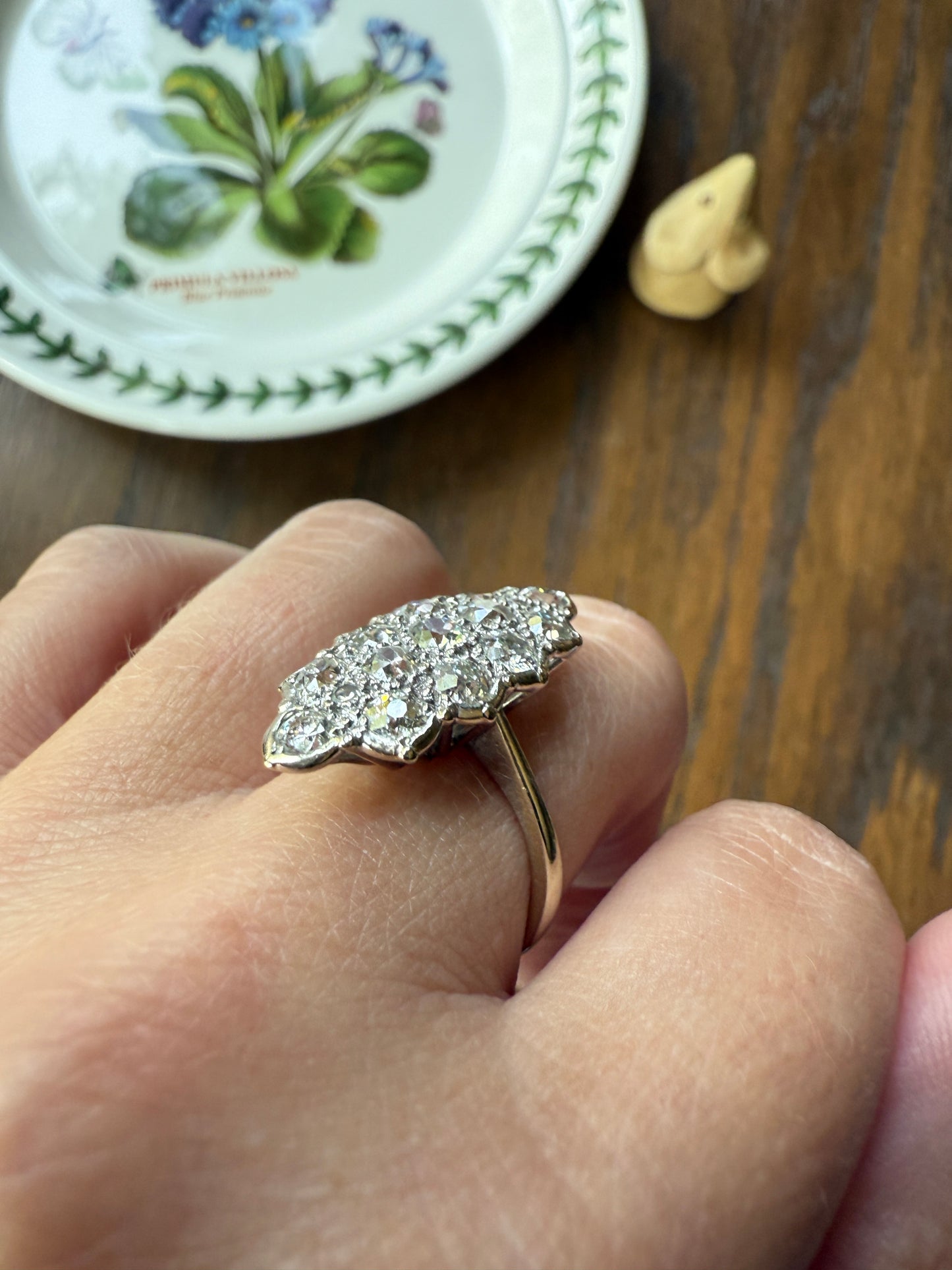TALL Unique 2.3 Carat Old Mine Cut DIAMOND Navette Cluster Ring French Vintage 18k White Gold Demi Bezel Halo Cobblestone Texture 2.3Ctw OMC