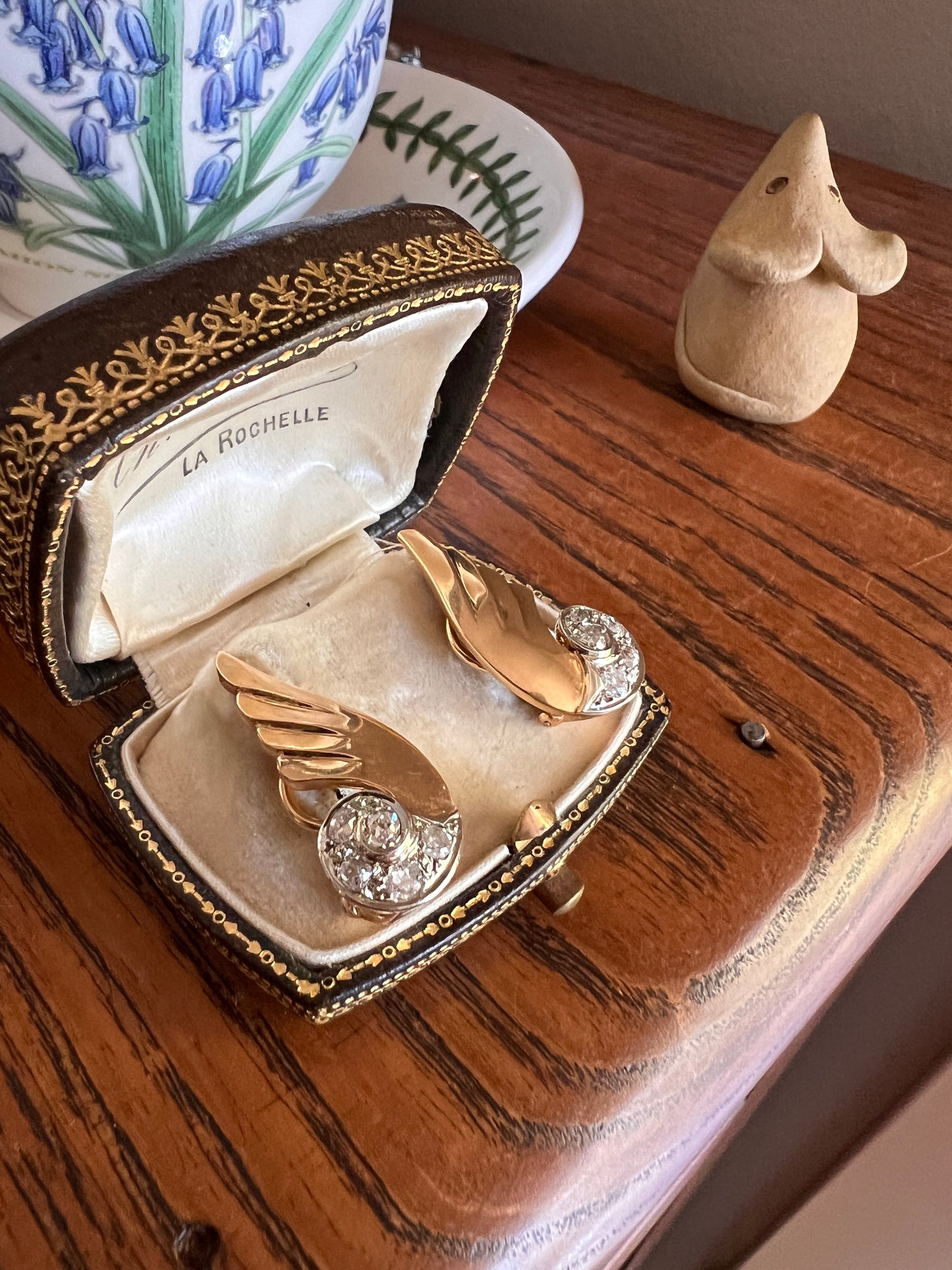 WINGED Fabulous 1 Carat 1 Ctw. Art Deco French Old Mine Cut DIAMOND Earrings 18k Gold Figural Swirl Antique Vintage Climber Crawler Chunky Retro