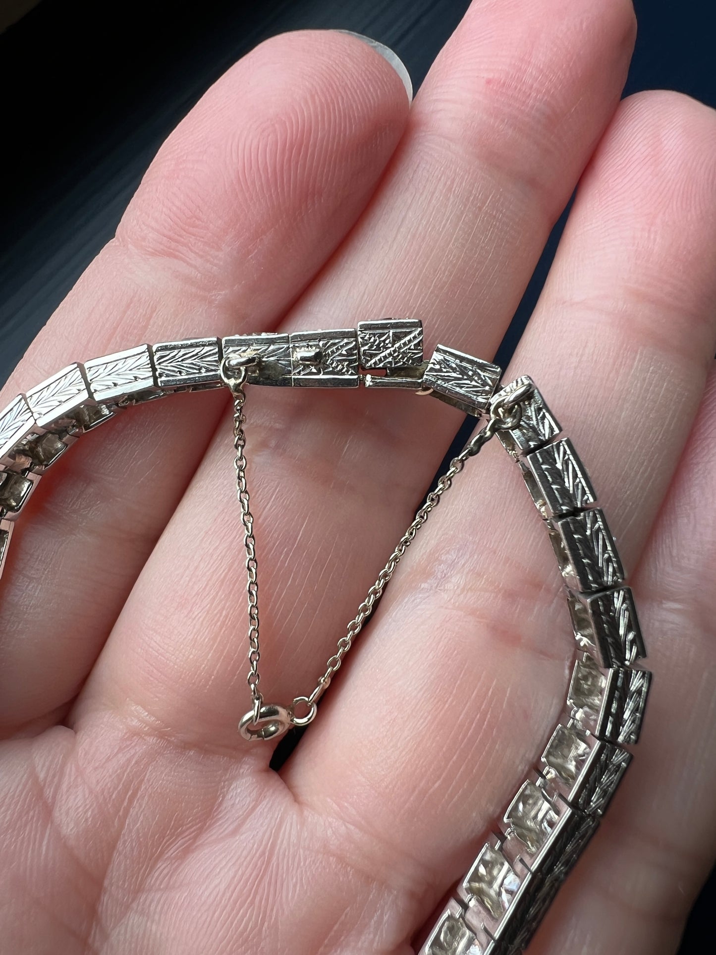 Antique 9.75 CARAT 38 Old European & Mine Cut DIAMOND Line Bracelet PLATINUM 18k White Gold French Geometric Engraved Tennis