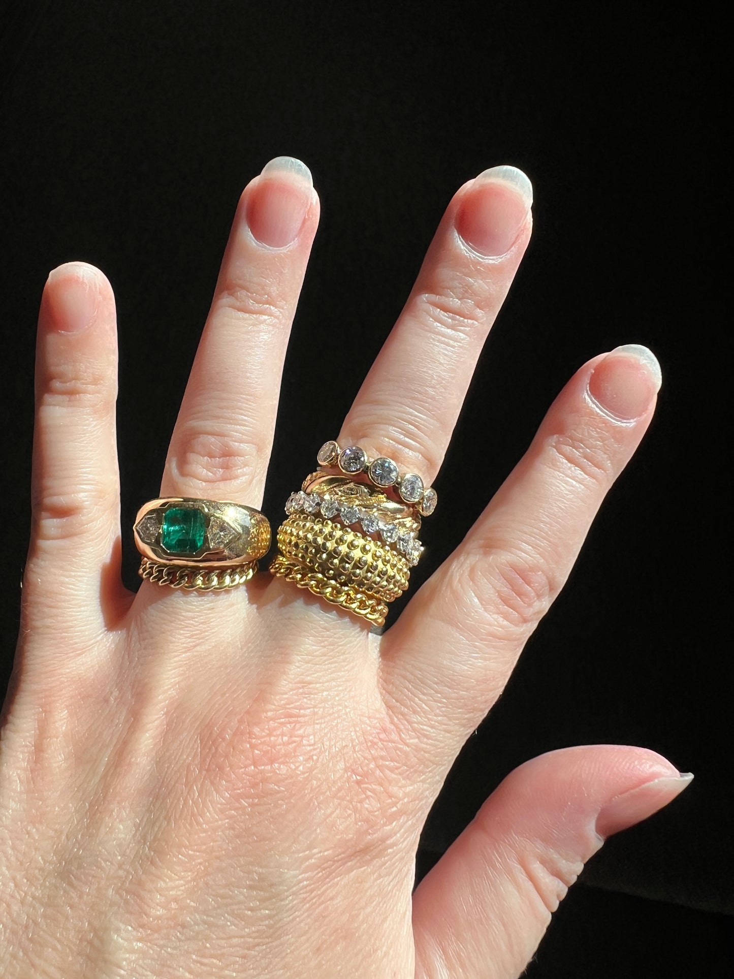 HEXAGON SHIELD Diamond Green EMERALD Chunky Vintage Three Stone Gypsy Ring French 18k Gold Wide Band Natural Heavy