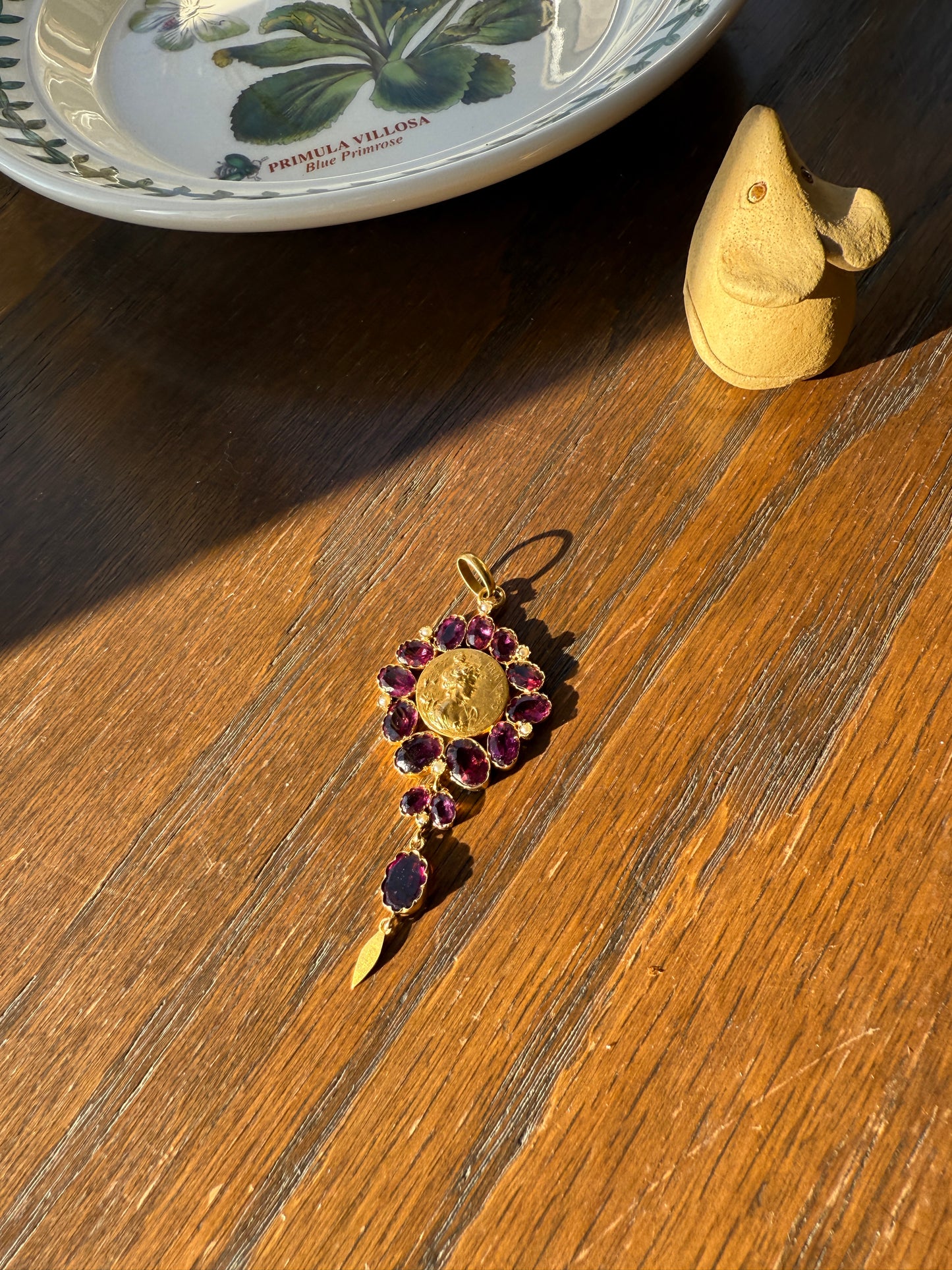 SPRING Floral Antique Purple Garnet Halo Art Nouveau Woman FRENCH 18k Gold Pendant FIGURAL Pearl Victorian Belle Epoque Lifelike