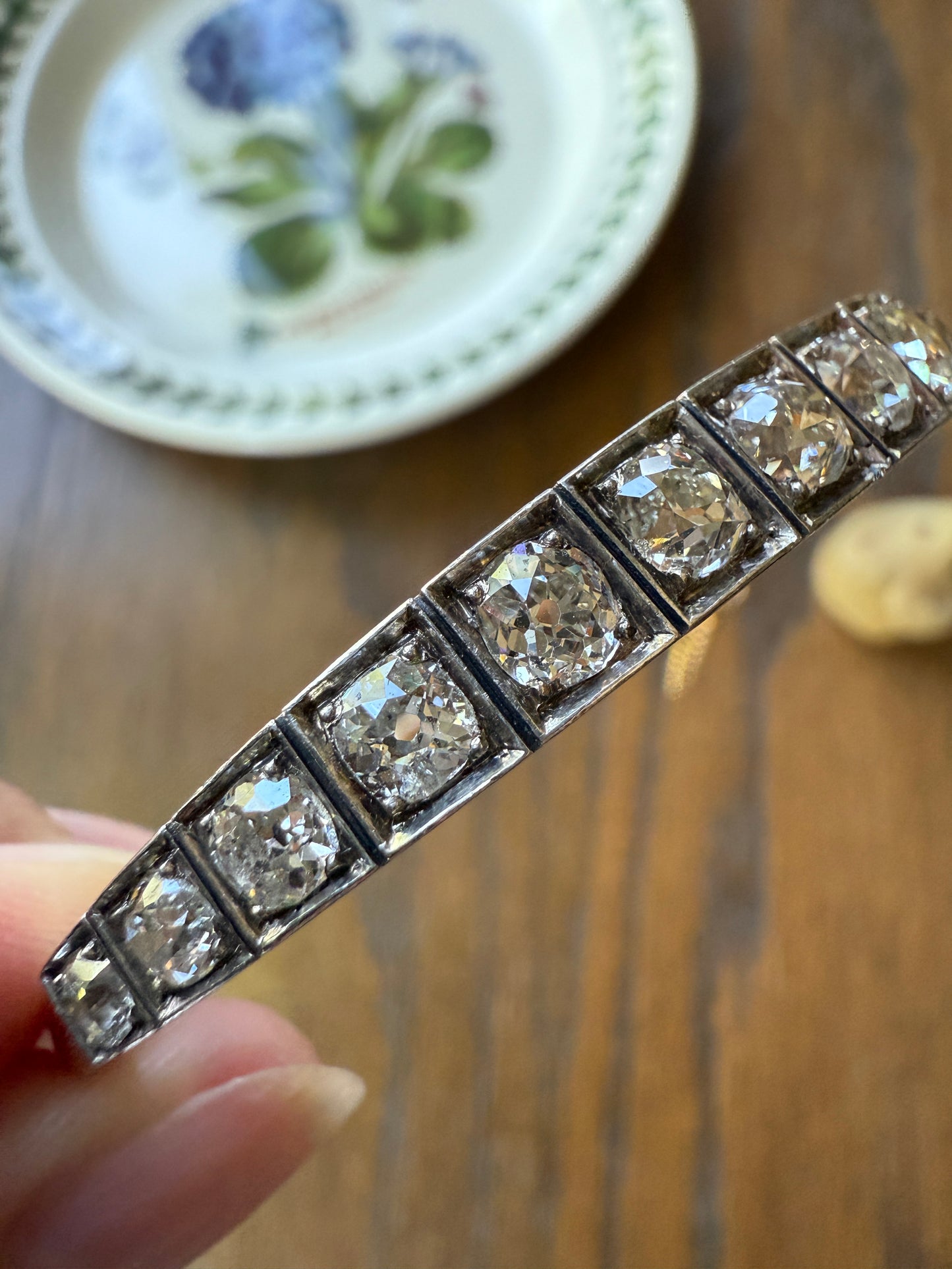 Antique 6.5 CARAT Old Mine Cut DIAMOND Hinged Bangle Line Bracelet 18k Gold Silver Top