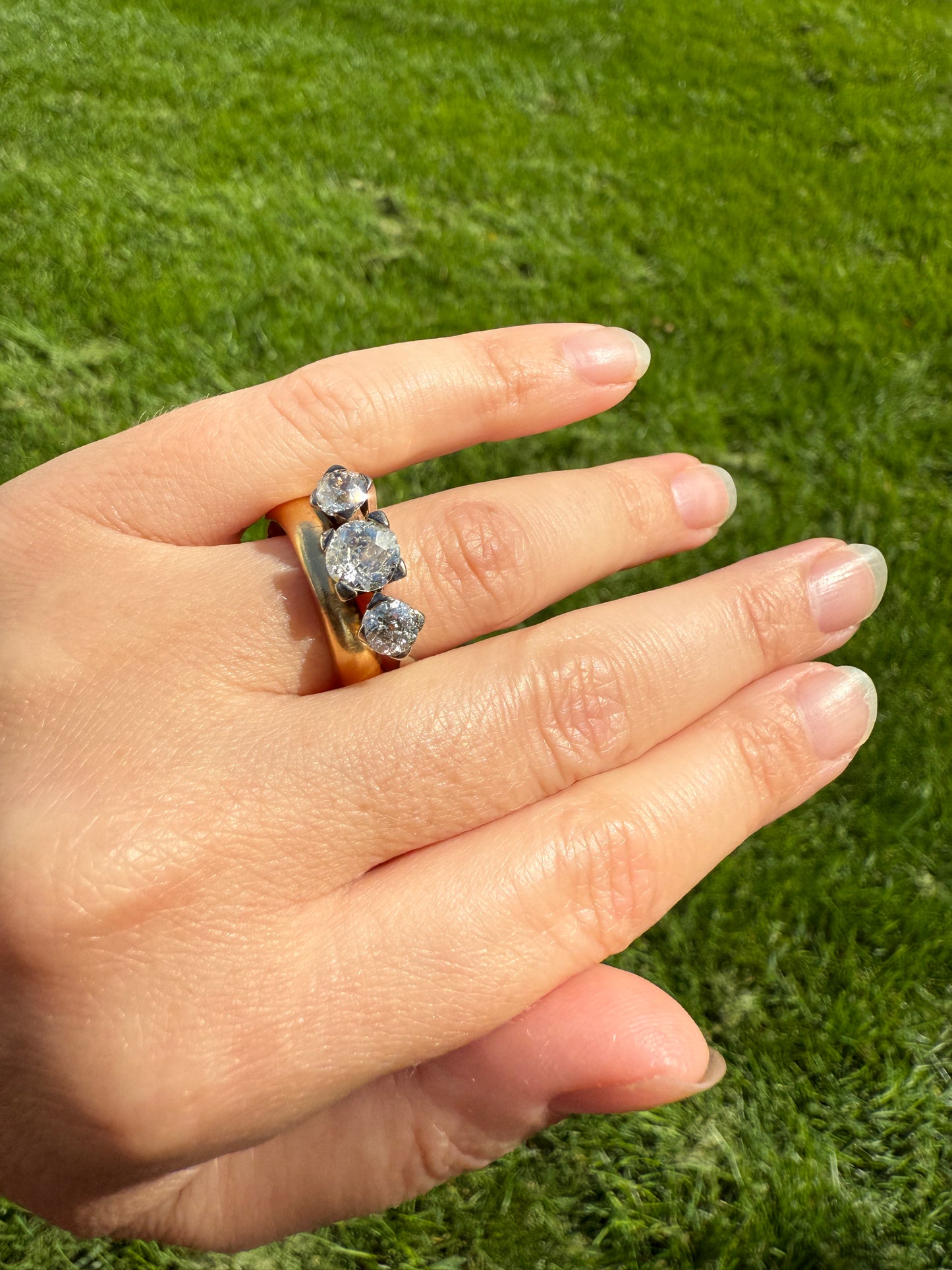 TALL Antique 2 CARATS Three Stone Chunky Old Mine Cut Diamond Ring 18k White Gold Art Deco