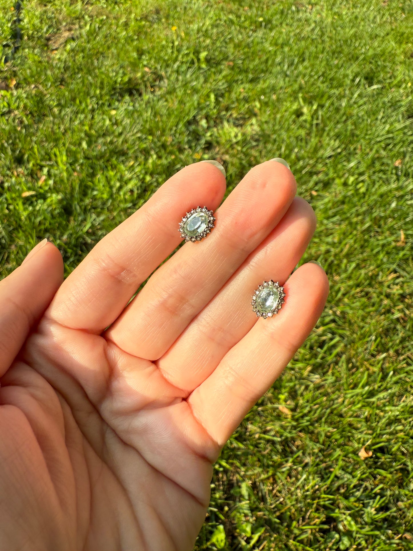 Antique Blue Green AQUAMARINE Rose Cut Diamond Halo STUD EARRINGS Georgian Victorian 18k 14k Gold