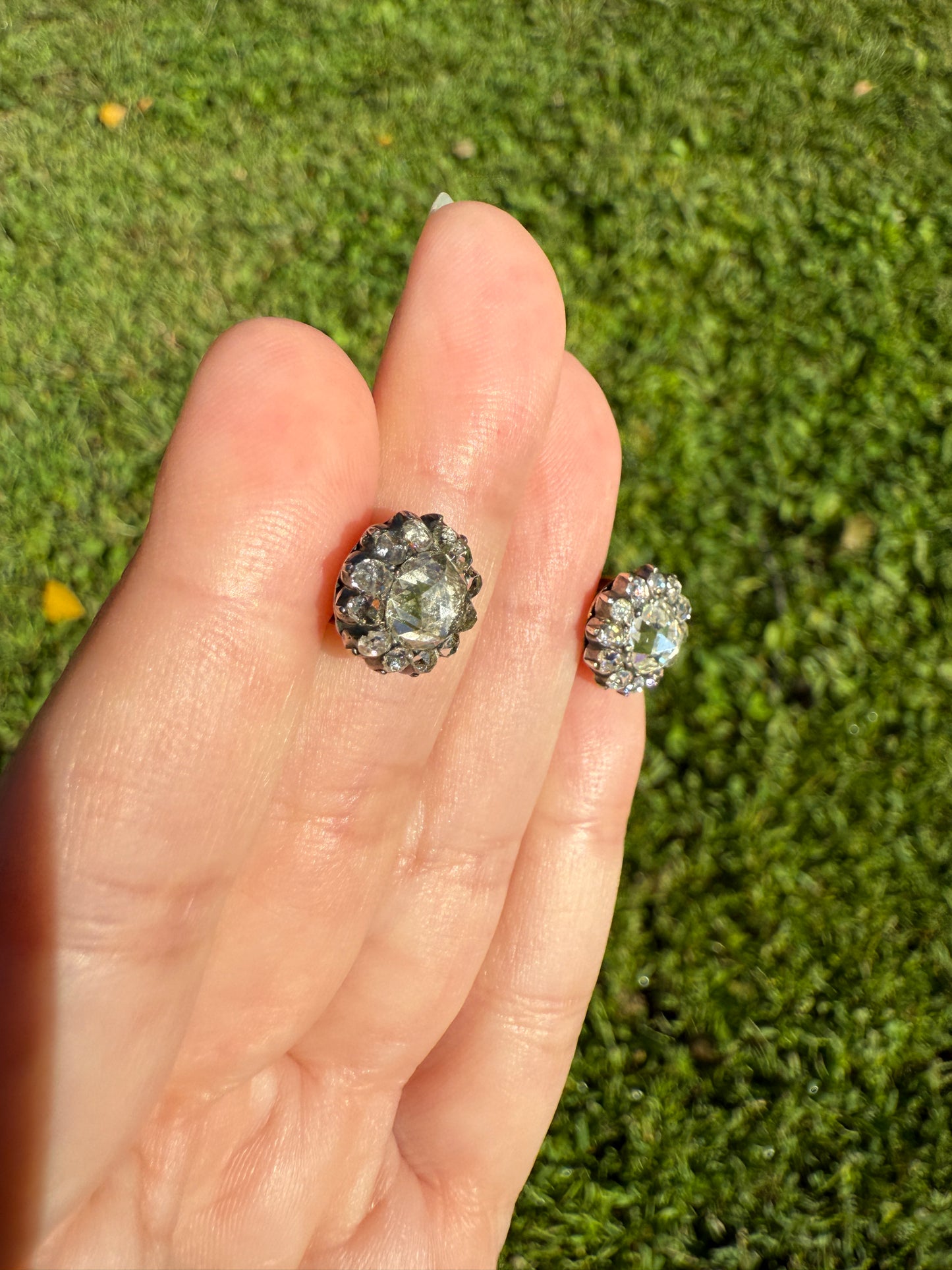 Gorgeous Rose Cut DIAMOND Cluster Stud Earrings Domed Disco Balls w/ Halo 14k Gold Silver Chunky Foiled Stones