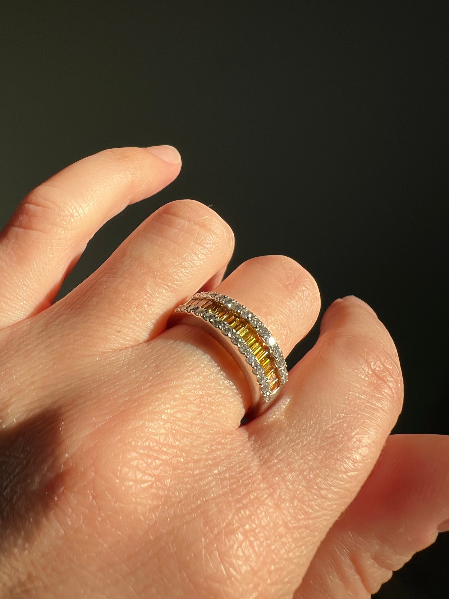 FANCY Intense YELLOW Orange & White 1.9 Carat DIAMOND 18k White Gold Ring Baguette Channel Set Band Half Hoop Stacker