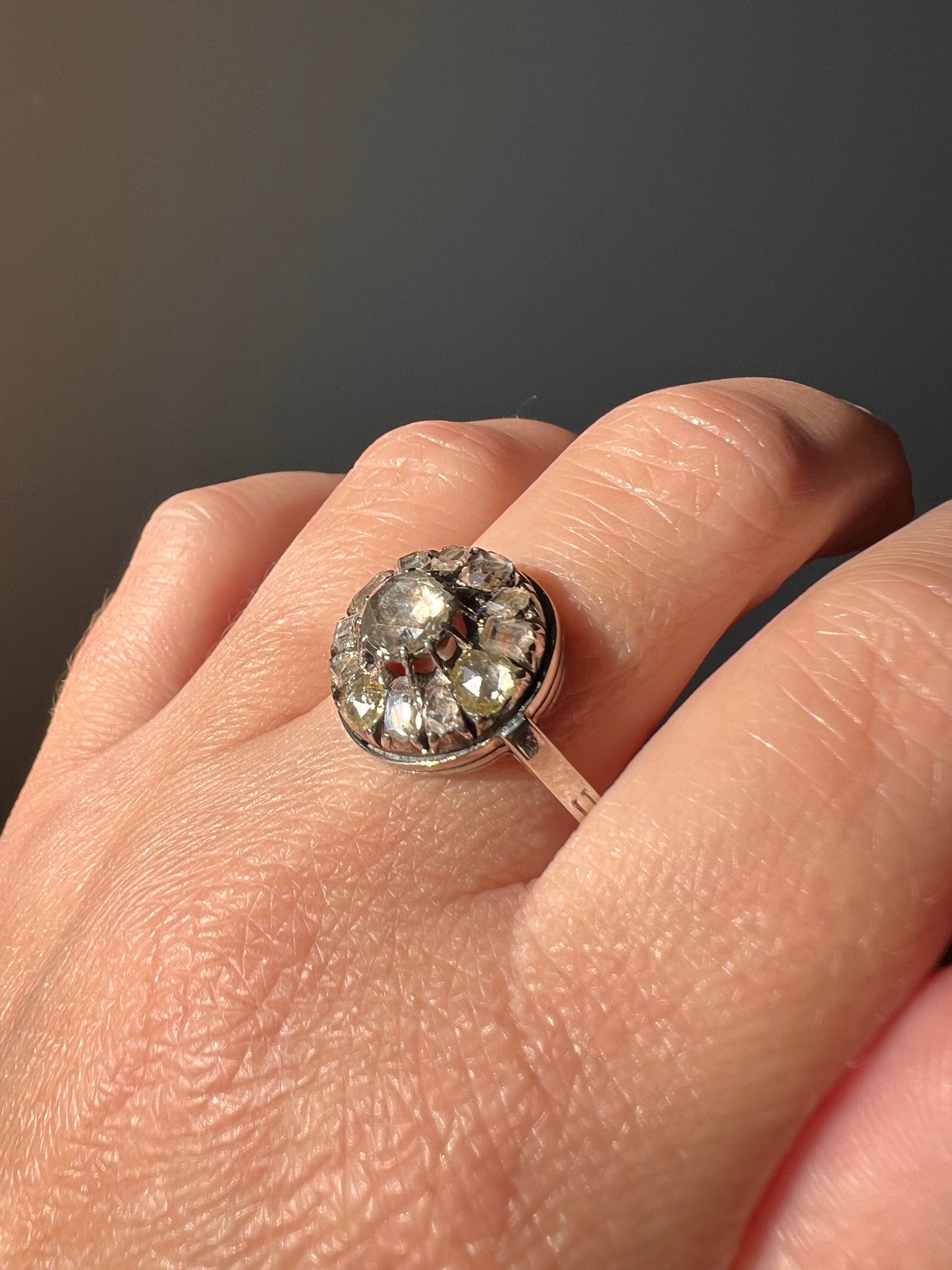 Rose & TABLE CUT Diamond Cluster Halo Ring Unique Antique Large 18k White Gold Chunky Sparkle