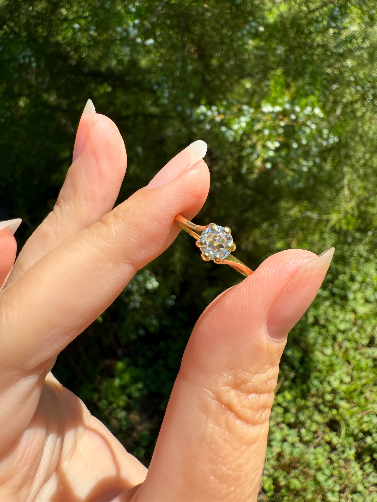 Antique .5 Carat Eye Clean Old Mine Cut Diamond 18k Gold French Swirl Setting Engagement Ring Solitaire