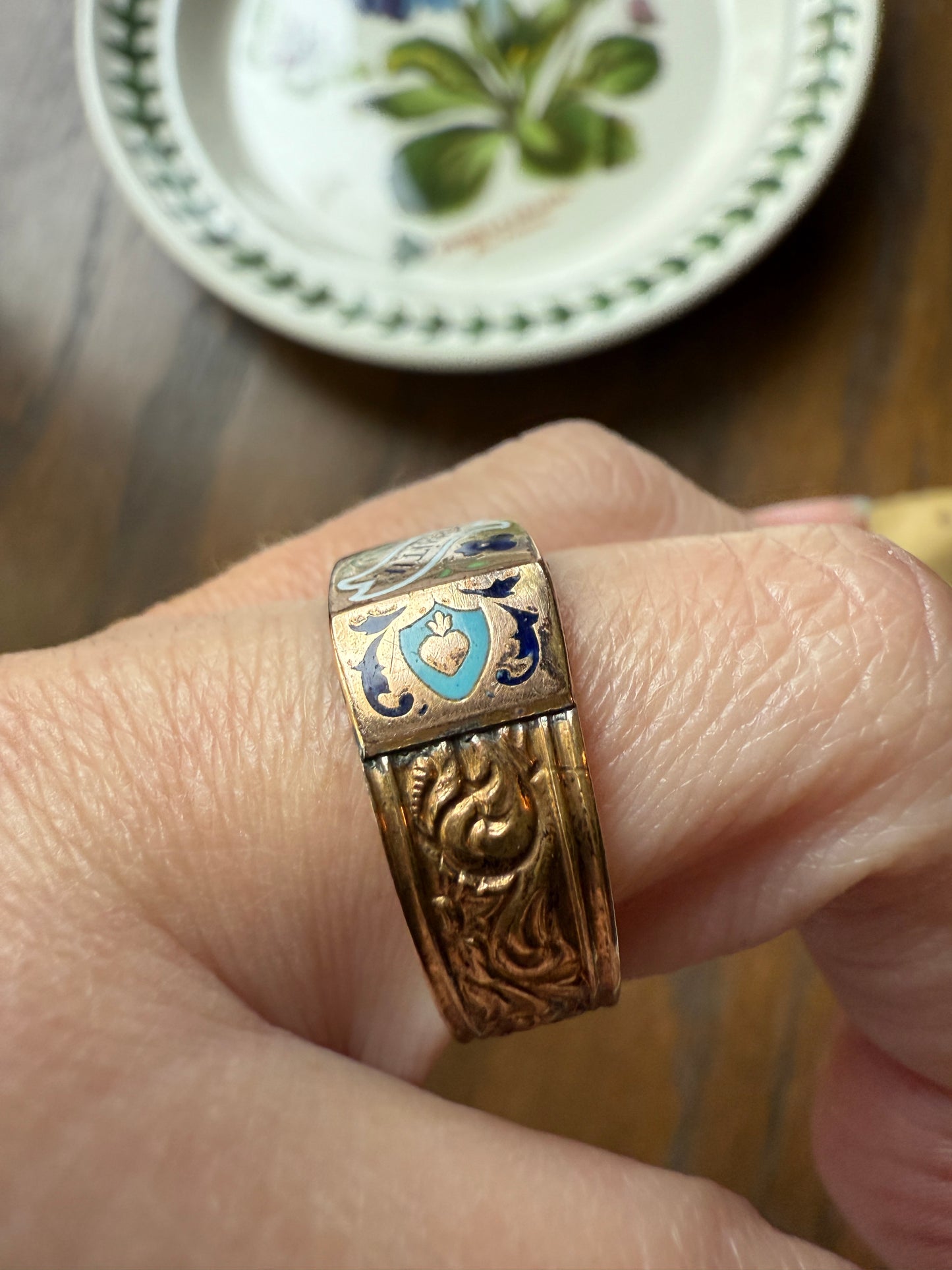AMITIE French "Friendship" Gold Filled Wide Band Betrothal Ring Traditional Engagement Unique Stacker Enamel