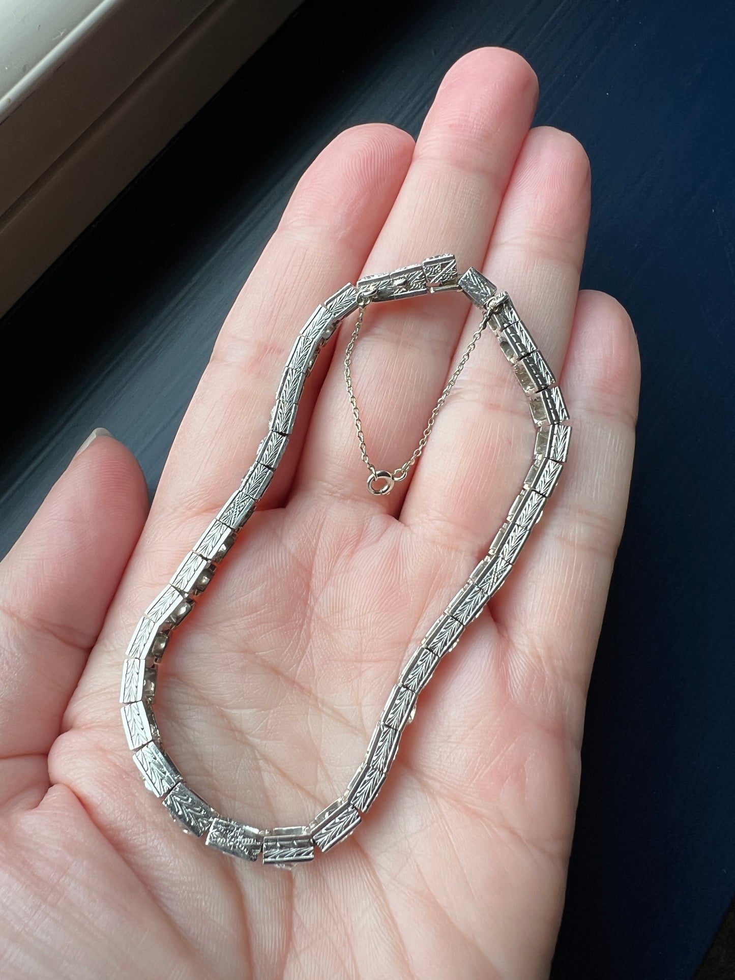 Antique 9.75 CARAT 38 Old European & Mine Cut DIAMOND Line Bracelet PLATINUM 18k White Gold French Geometric Engraved Tennis