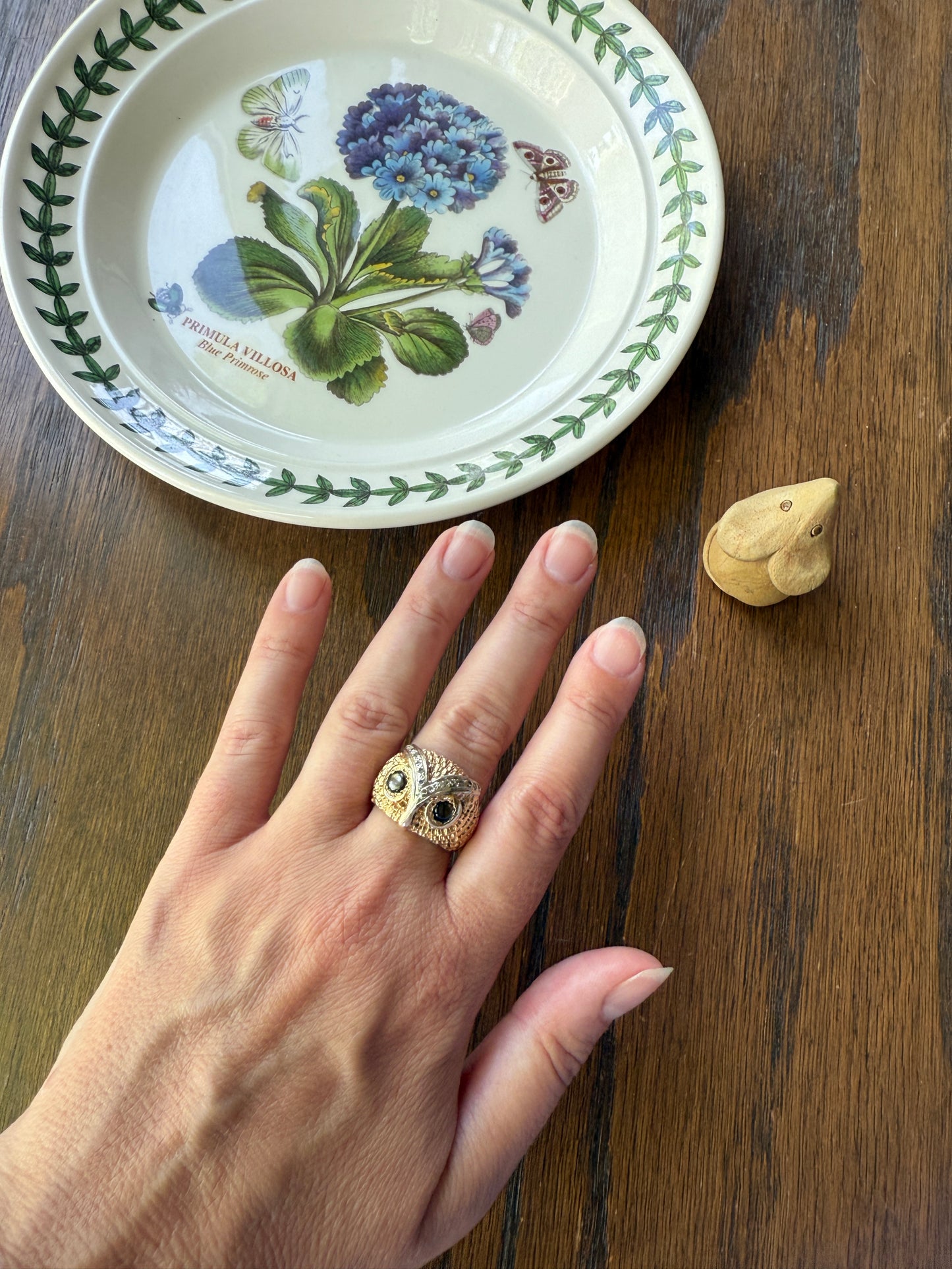 OWL Vintage Figural HEAVY 12.7g 14k Gold Ring Cat's Eye Gray Chrysoberyl Eyes Two Tone Diamond Accents Domed Chunky Unisex Statement Wisdom
