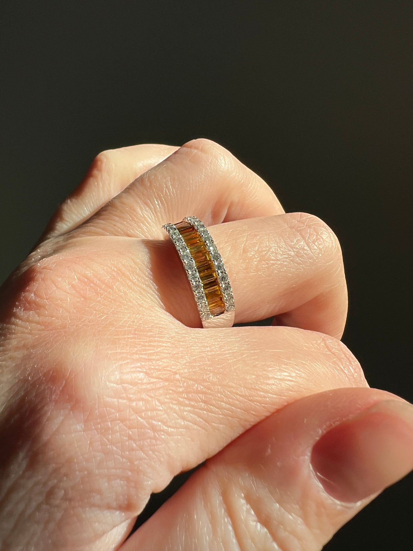 FANCY Intense YELLOW Orange & White 1.9 Carat DIAMOND 18k White Gold Ring Baguette Channel Set Band Half Hoop Stacker
