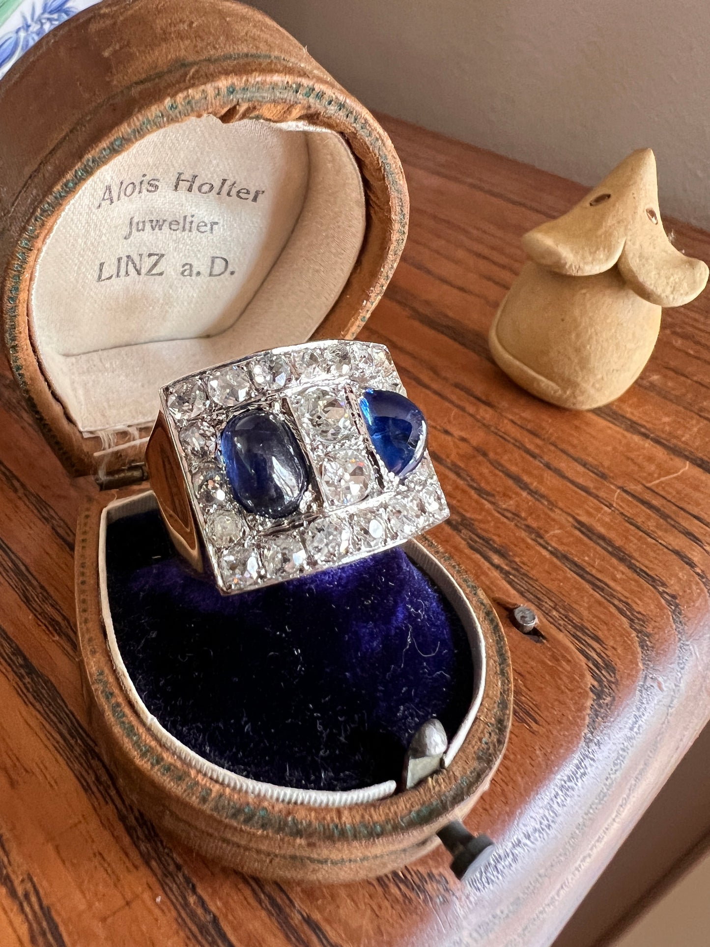 Mega 3.8 CARAT Old Mine Cut DIAMOND Two Sugarloaf Sapphire XL Heavy French Vintage 18k Gold Platinum Tank Ring Chunky Blue