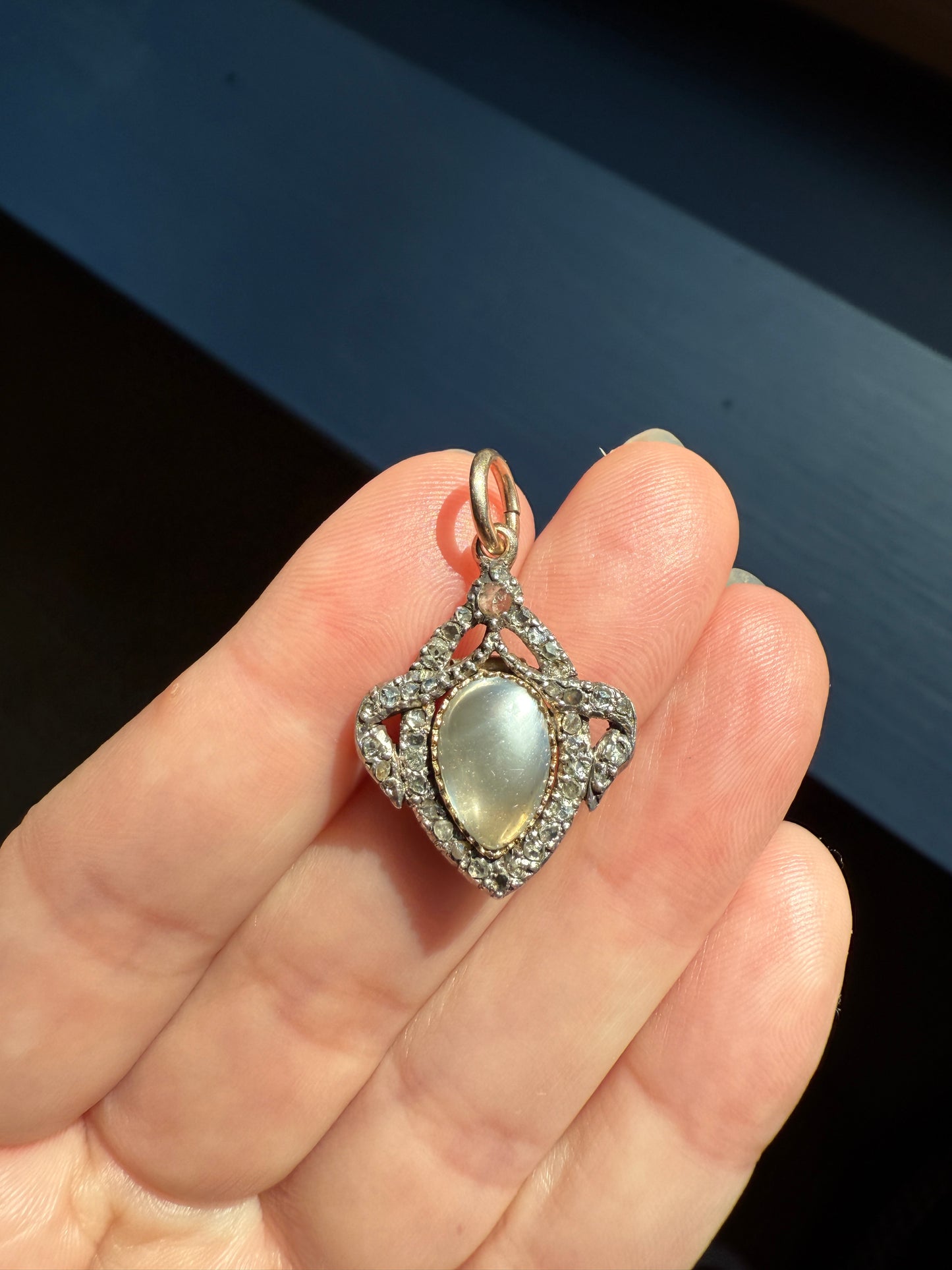 GEORGIAN Antique Bowed HEART Garland Halo Locket Back Pendant 10k Gold Silver Moonstone Rose Cut DIAMOND Magnifier Gift Figural
