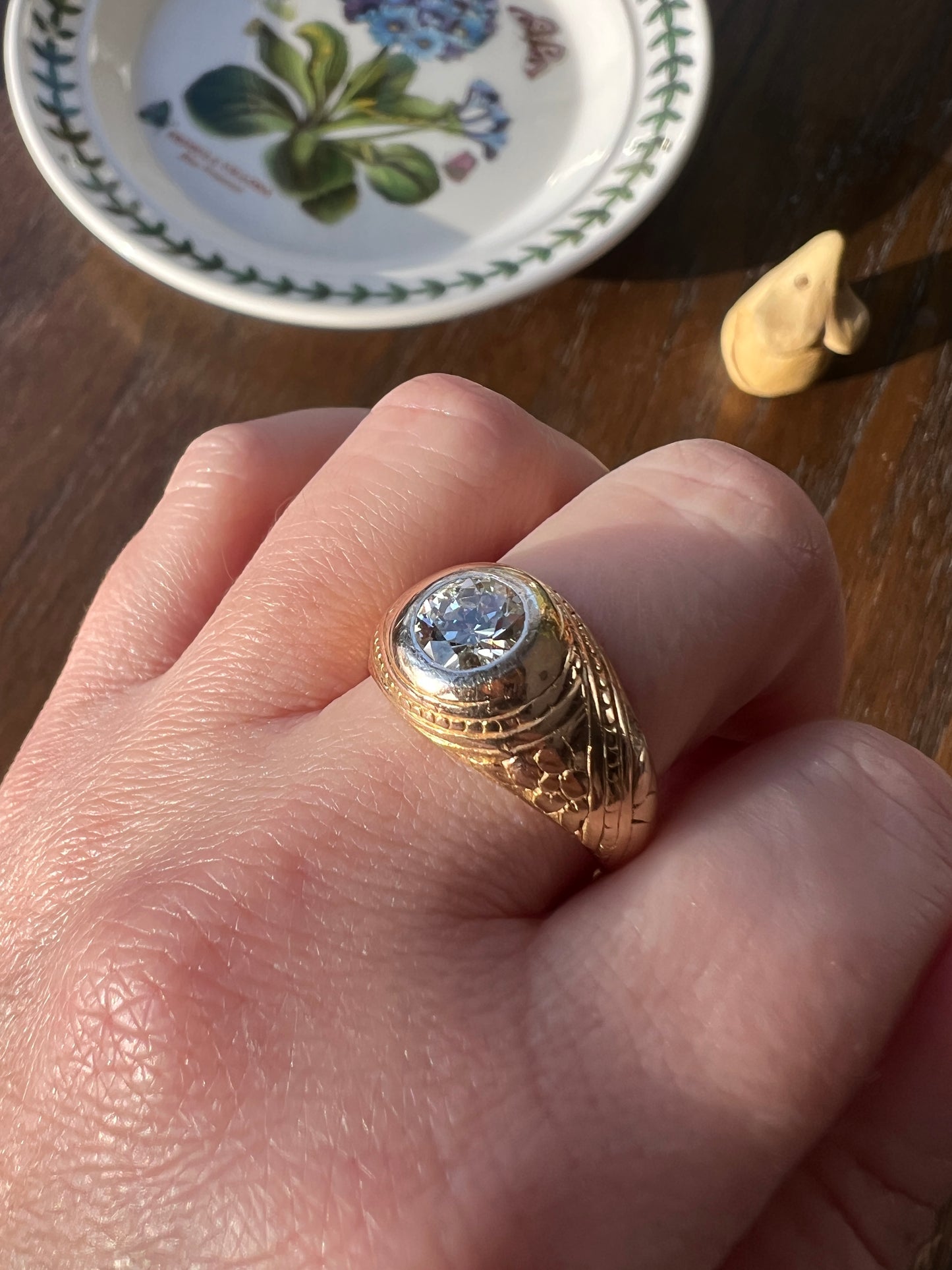 HEAVY 1.2 Carat Transitional Cut DIAMOND French Vintage 12g 18k Gold Forget Me Not Floral Gypsy Band Ring Chunky Unisex