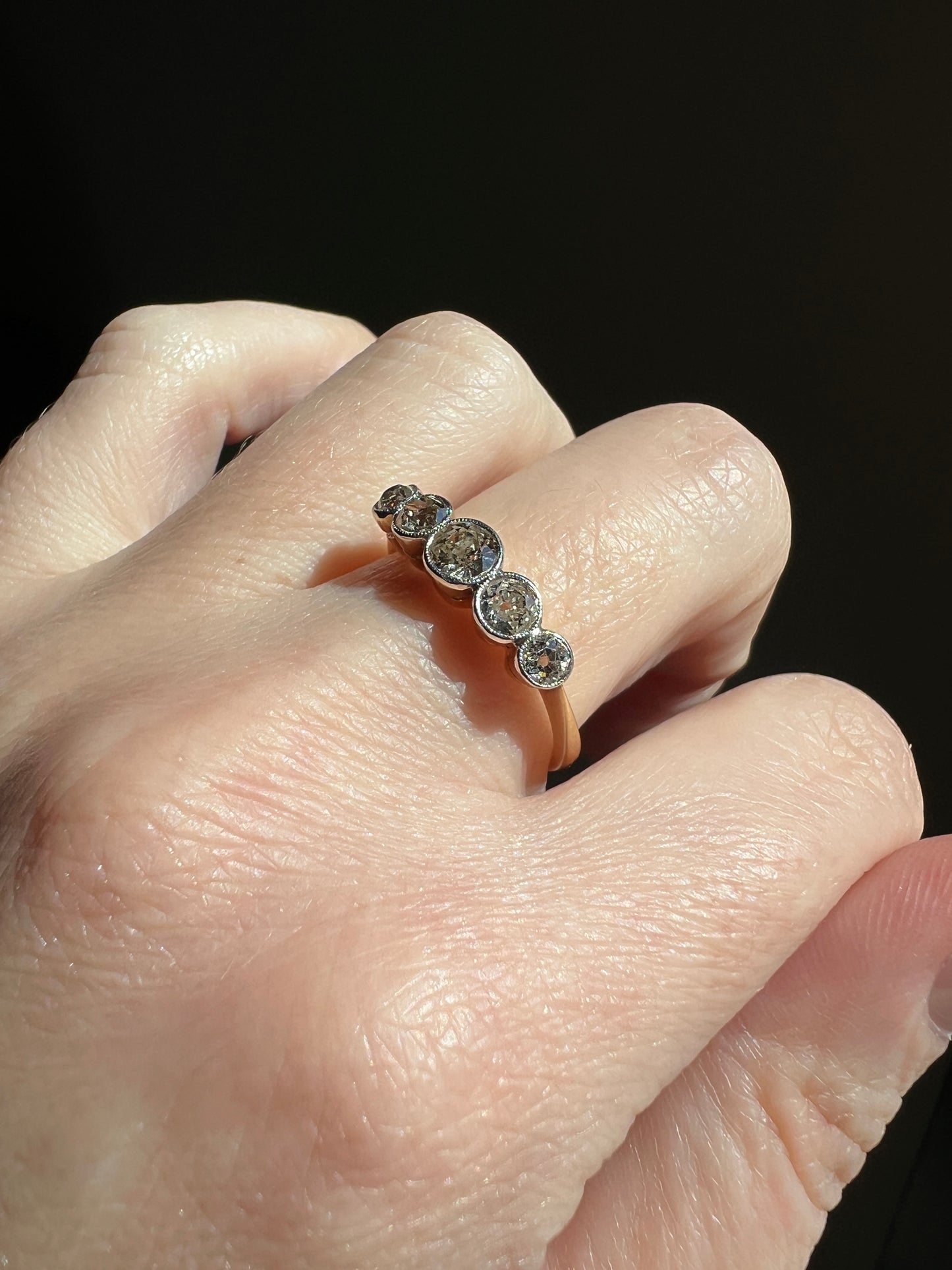Antique One Carat Champagne White Old Mine Cut DIAMOND 18k Gold Platinum Five Stone Ring Bezel Set Band