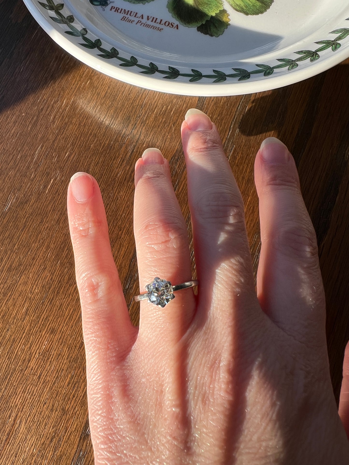 Antique 1 CARAT Old Mine Cut DIAMOND Solitaire Engagement Ring 18k White Gold PLATINUM French Art Deco Warm Very Pale Yellow Tall