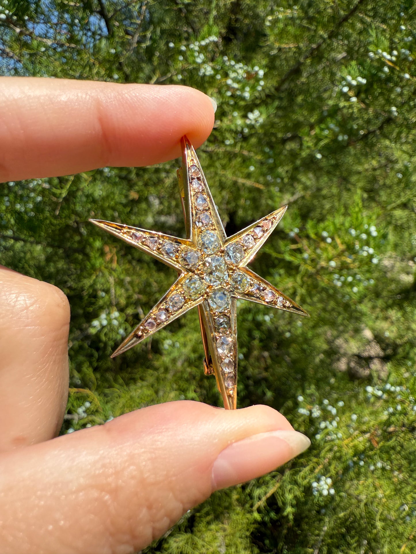 Mega STAR Antique 2.5 Carat 27 Rose Old Mine Cut DIAMOND Cluster Pin Brooch for Pendant Gilt Metal & 10k Gold