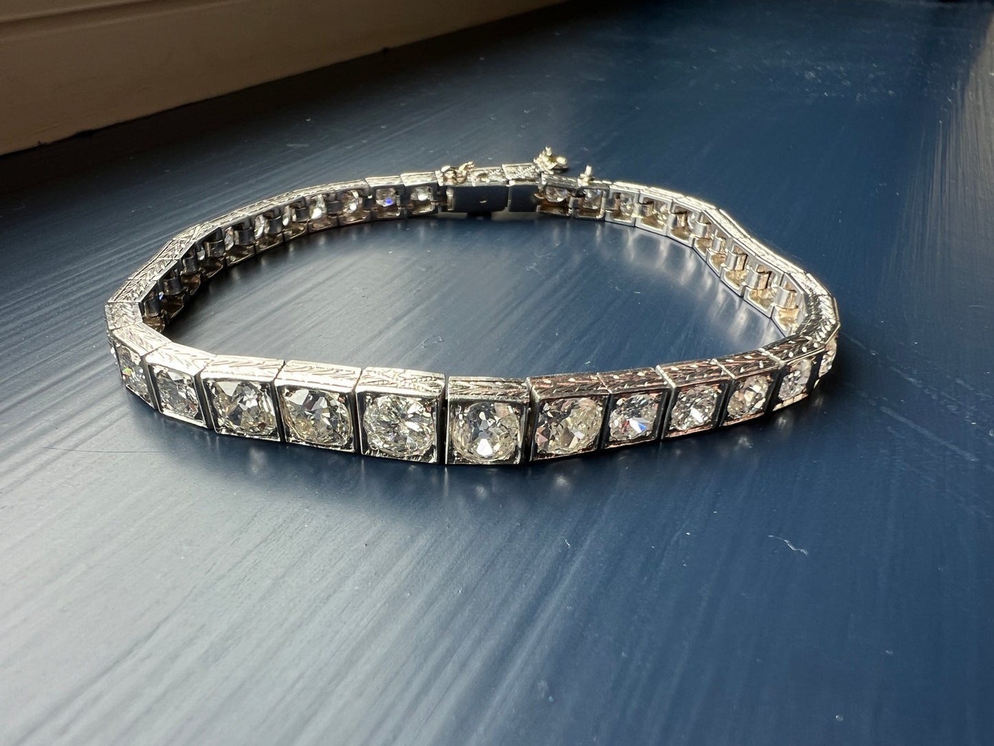 Antique 9.75 CARAT 38 Old European & Mine Cut DIAMOND Line Bracelet PLATINUM 18k White Gold French Geometric Engraved Tennis