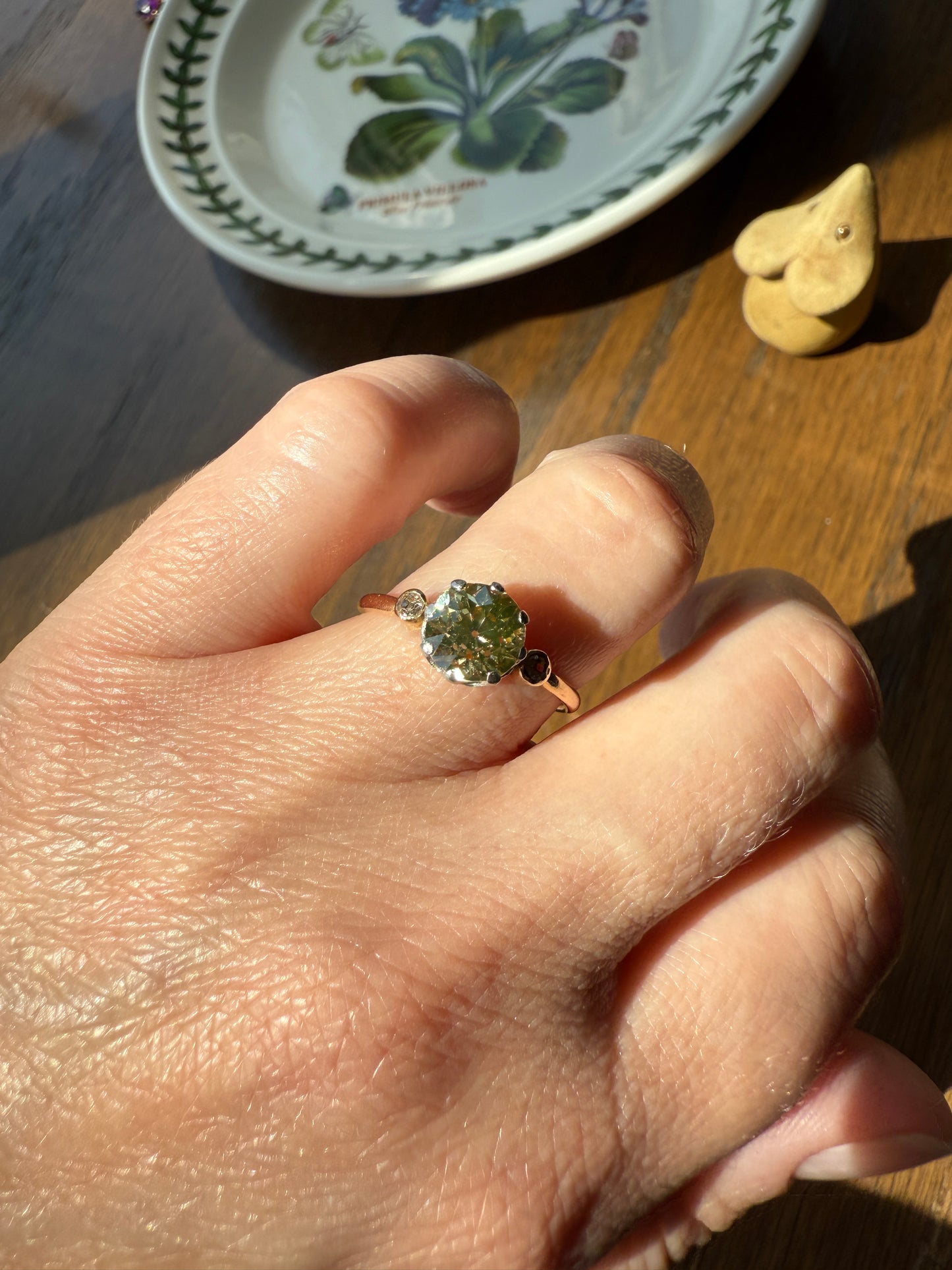 Antique Eye Clean Color Change 1.5 Carat Antique Fancy Champagne Green Yellow Old Mine Cut DIAMOND Solitaire Ring Three Stone 18k Gold