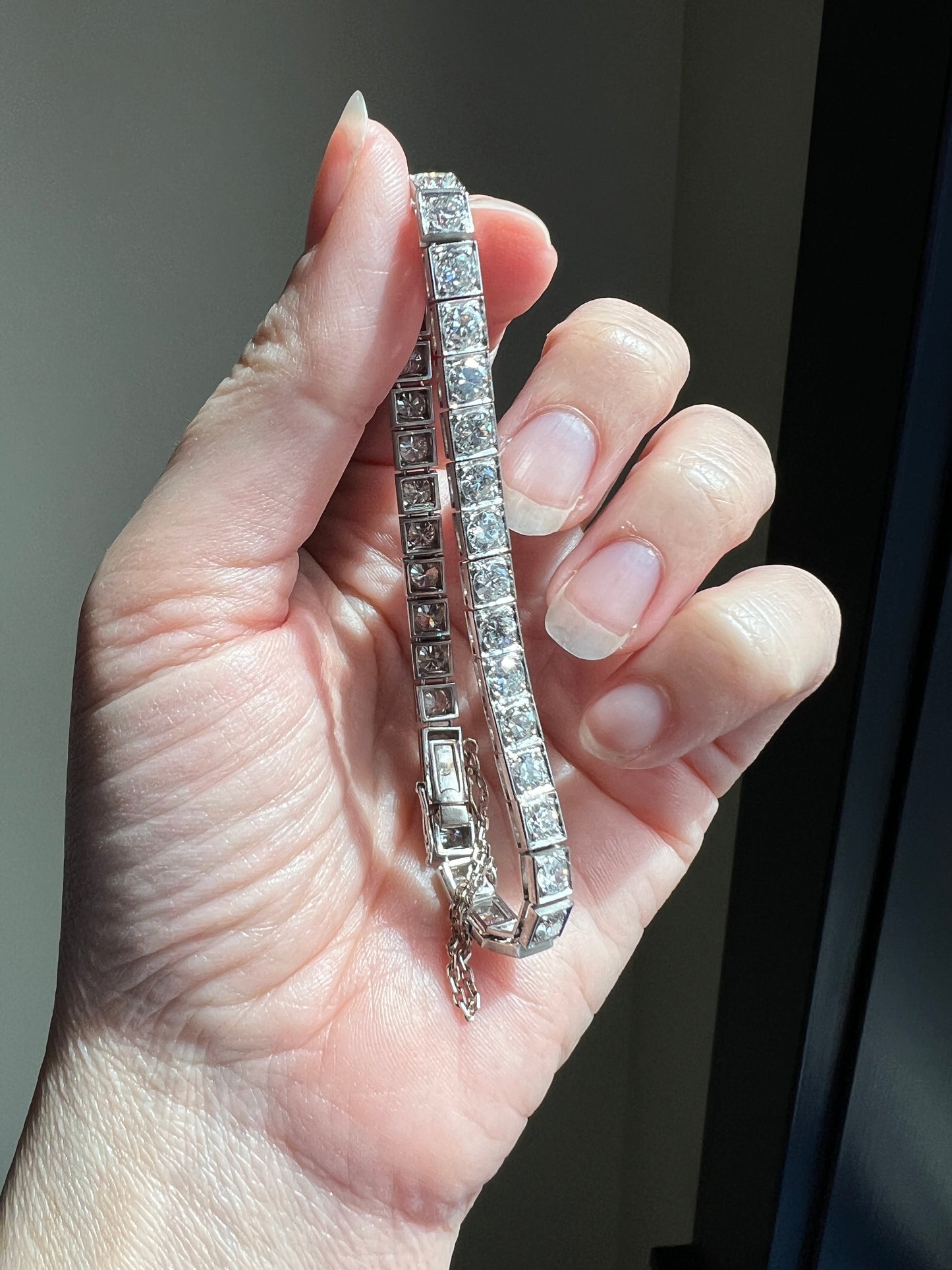 Antique 9.5 CARAT 35 Old European & Mine Cut DIAMOND Line Riviera Tennis Bracelet Platinum French Square Bezel Rivere Wriststack 9.5Ctw OmC
