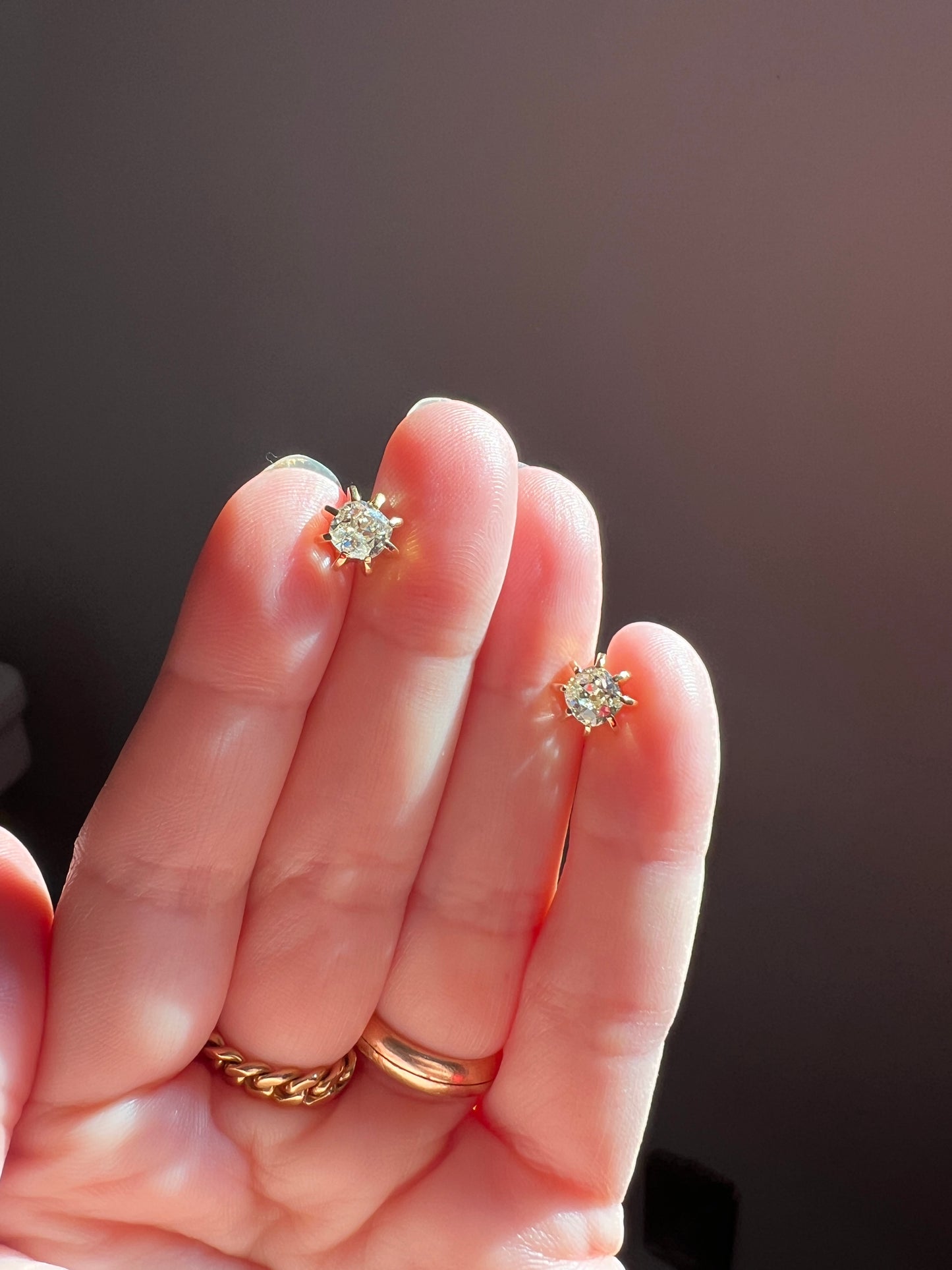 Antique Eye Clean One Carat Tdw Cushion Old Mine Cut DIAMOND Prong Stud Earrings French 18k Gold