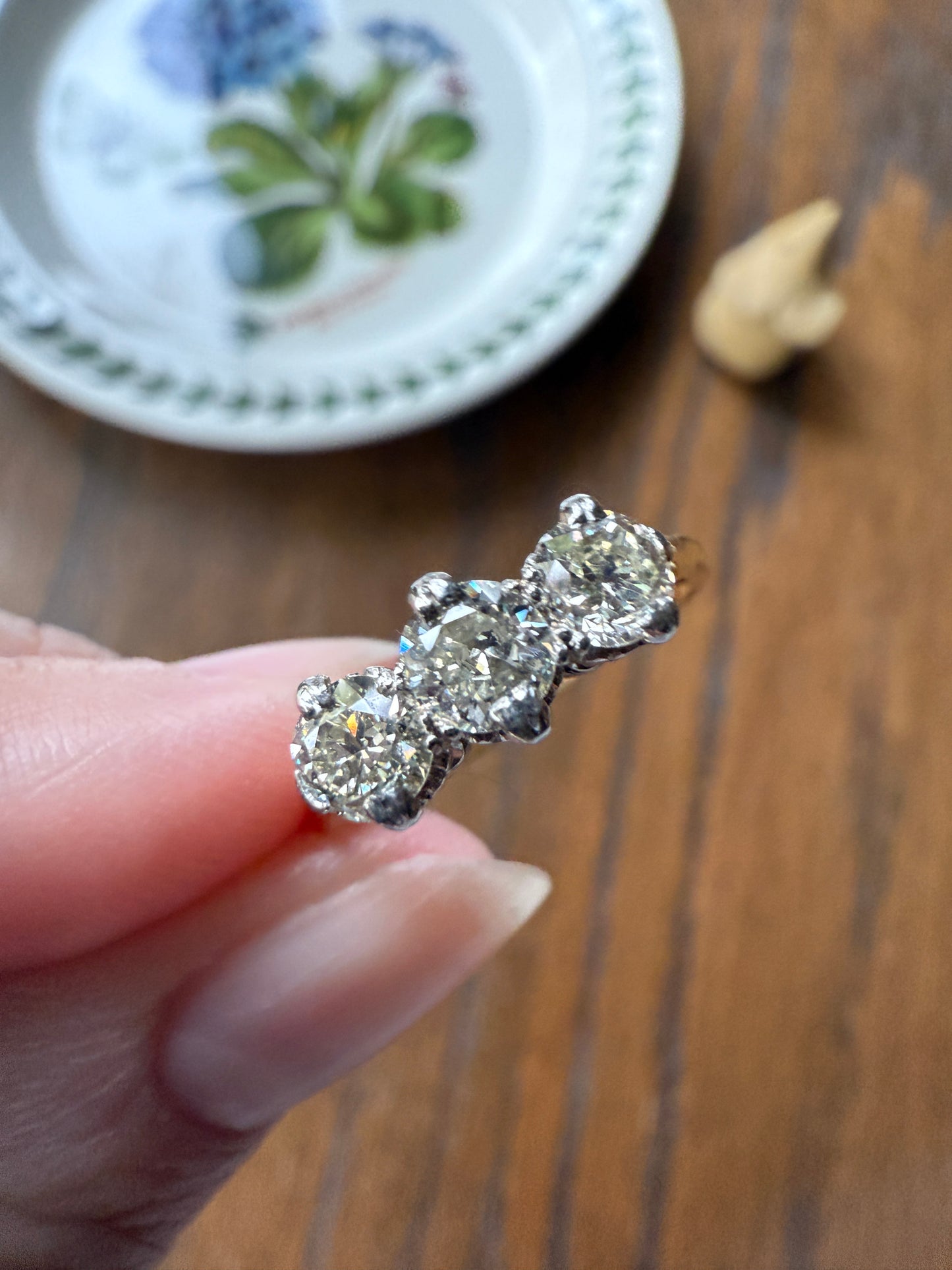 Antique One Carat Transitional Cut DIAMOND Three Stone Ring Prong Set Stacker Trilogy 18k Gold Platinum