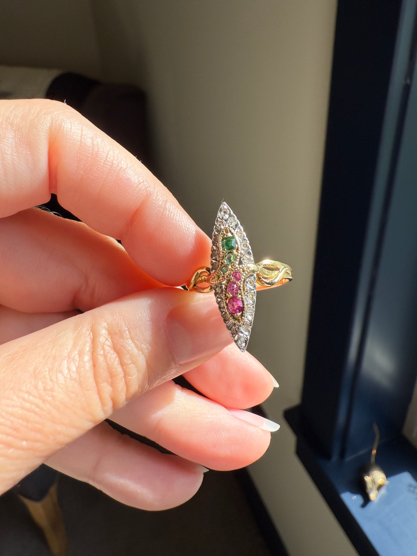 Double SNAKES Antique Ring Ruby Emerald Rose Cut DIAMOND Halo Navette Ring 18k Gold Platinum Red Green Sparkle Victorian