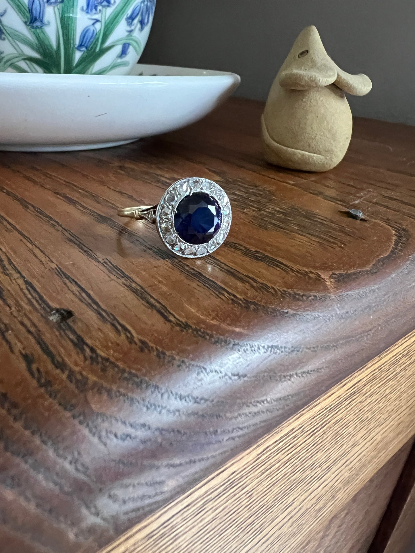 Blue Sapphire Rose Cut DIAMOND Halo Ring French Antique Band Ring 18k Gold Platinum