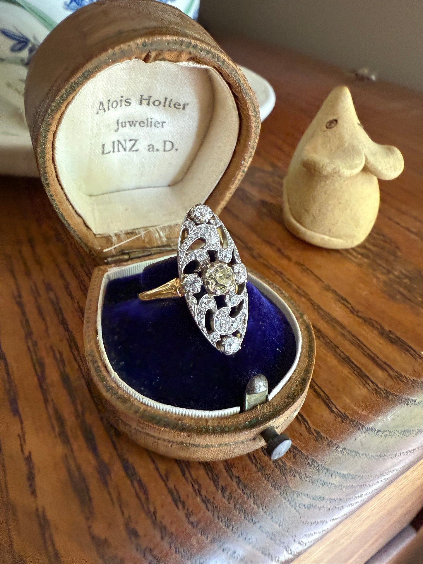 Ornate 1 Carat + French Belle Epoque Oval Old Mine Rose Cut Diamond Pale Light Yellow Center 18k Gold Platinum Scroll