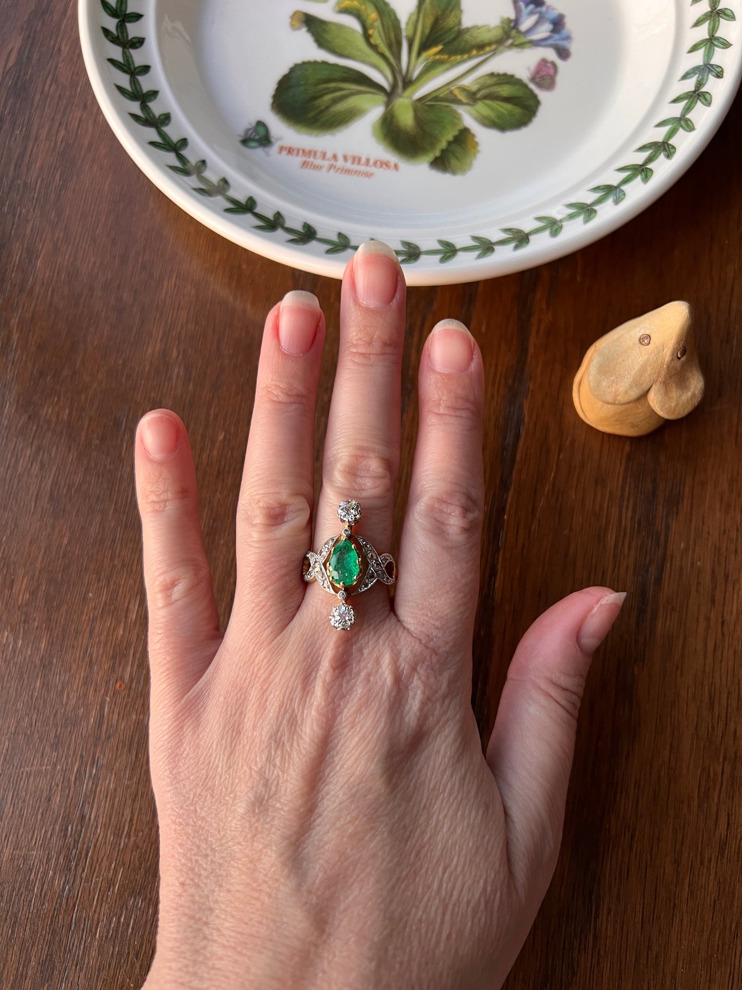 Antique Belle Epoque Pear EMERALD 1.5 Carat Rose Old Mine Cut Diamond XL Swirl Ring French 18k Gold