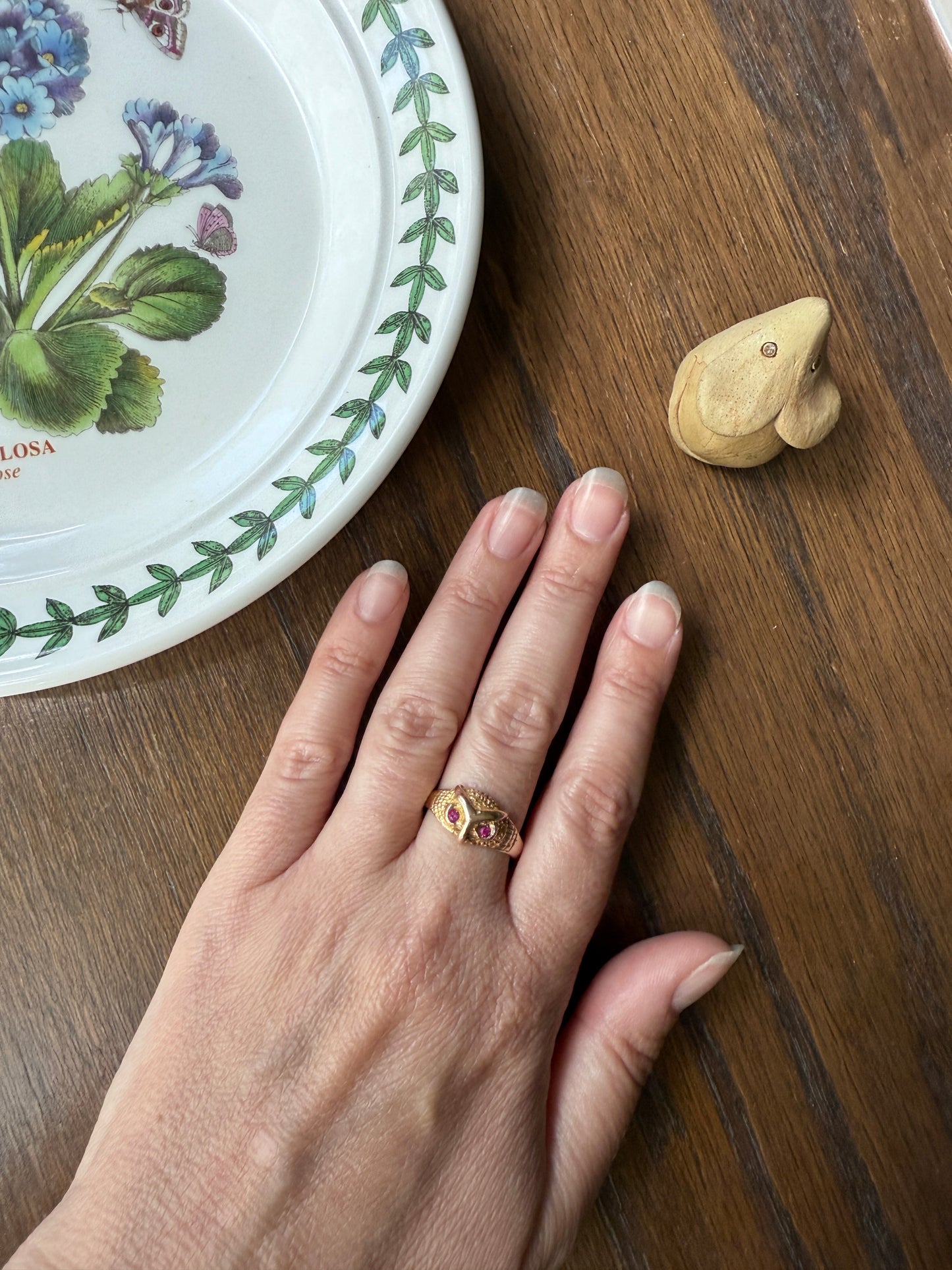 OWL French Vintage 18k Gold Perched Figural Ring Diamond and Ruby Eyes