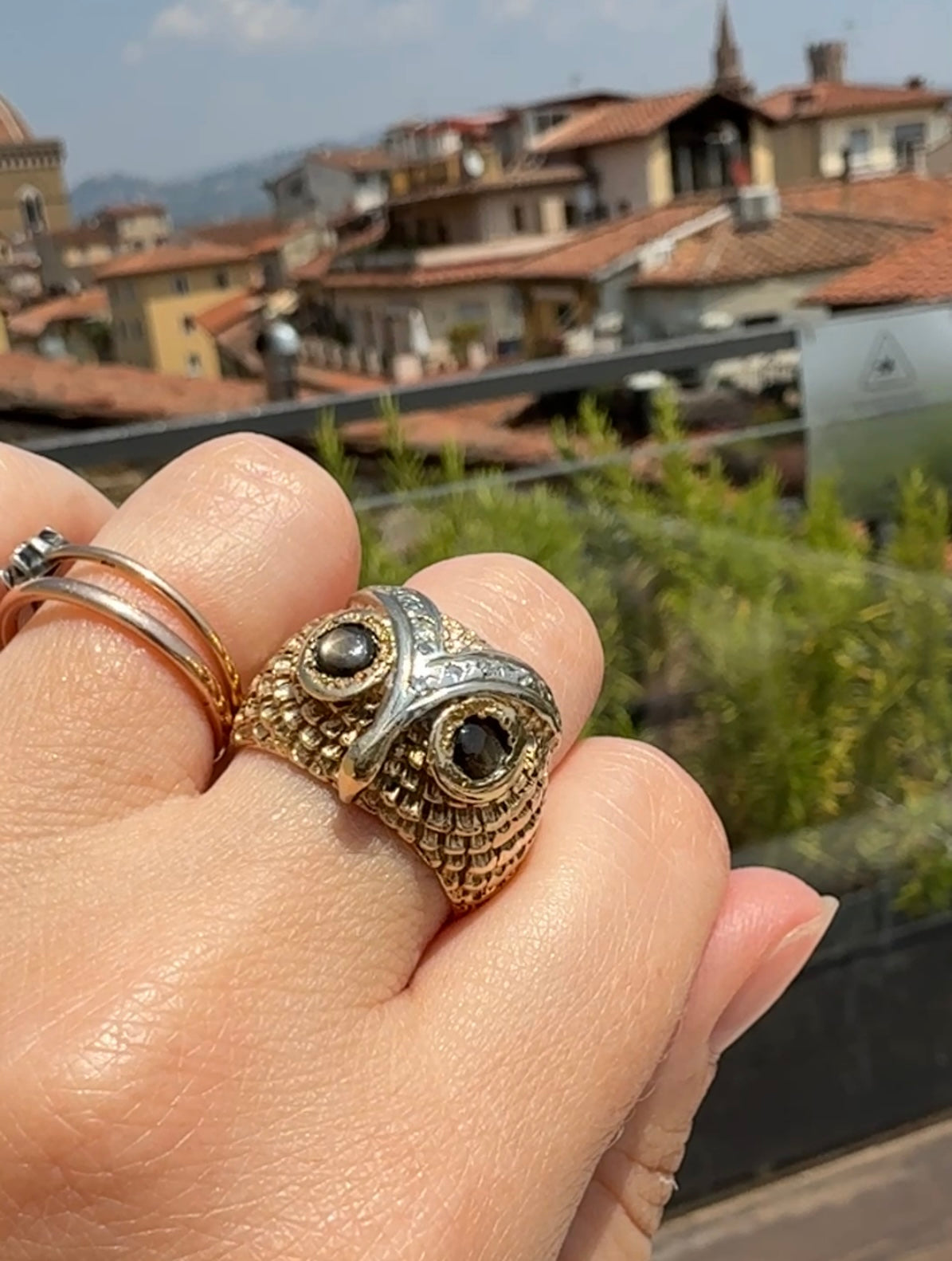 OWL Vintage Figural HEAVY 12.7g 14k Gold Ring Cat's Eye Gray Chrysoberyl Eyes Two Tone Diamond Accents Domed Chunky Unisex Statement Wisdom
