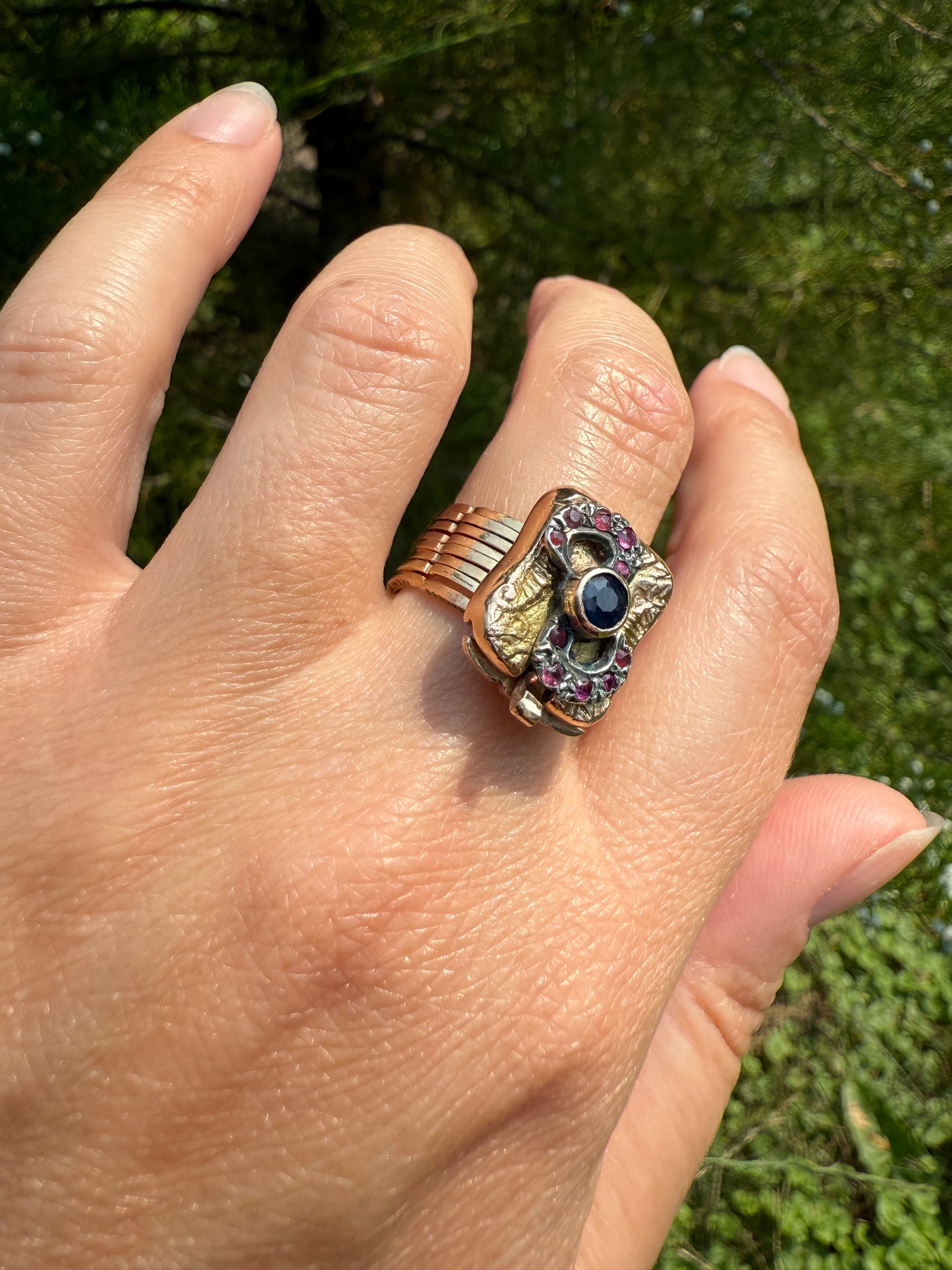 RARE 2 for 1 Convertible RING to BRACELET Surprise Antique Sapphire Ruby Bow 9k Gold Silver Top Clasp Expandable Secret