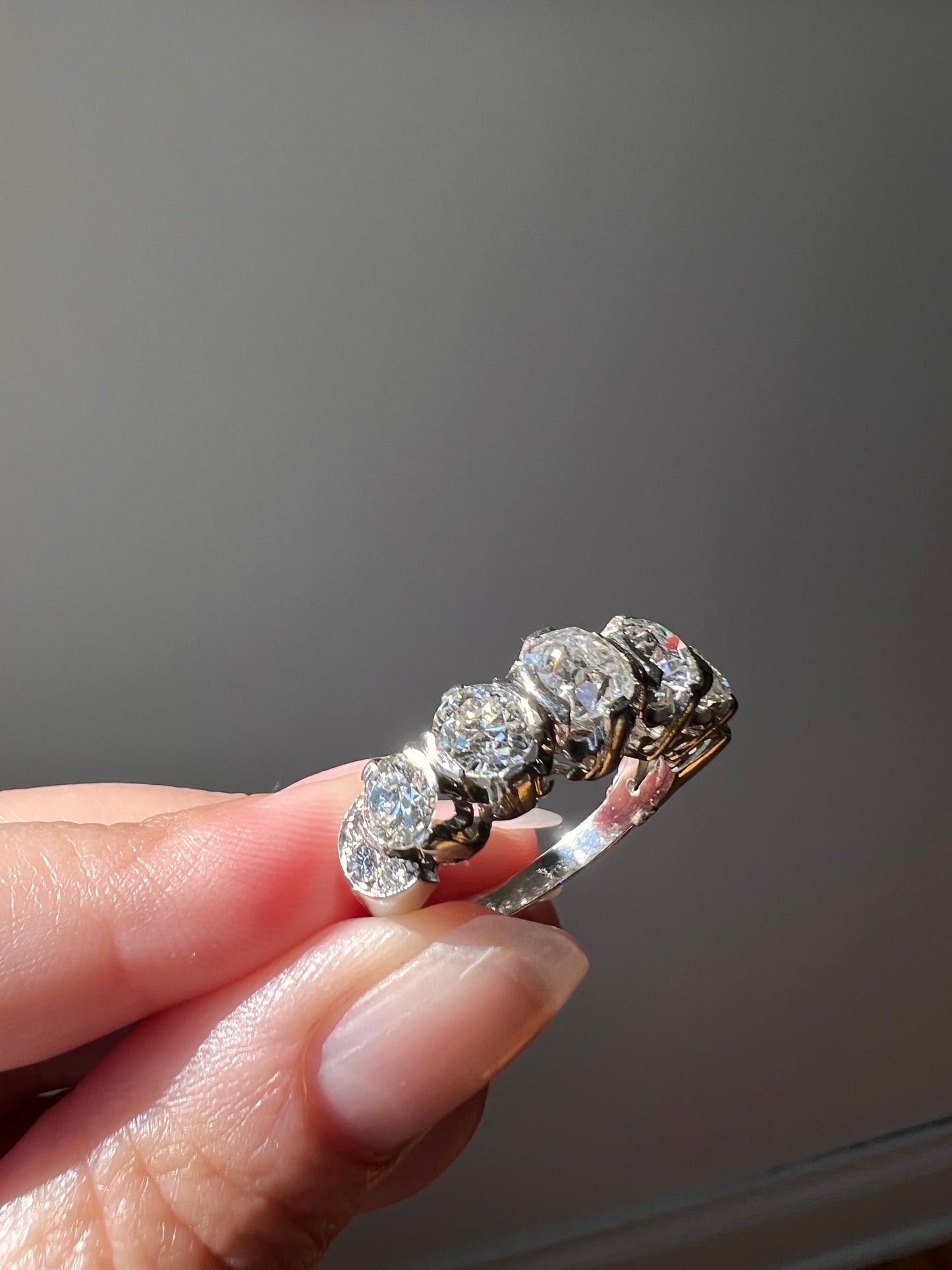 MEGA 2.8 Carat Five Stone Transitional Old Mine Cut DIAMOND Platinum Ring French Vintage Band Tall