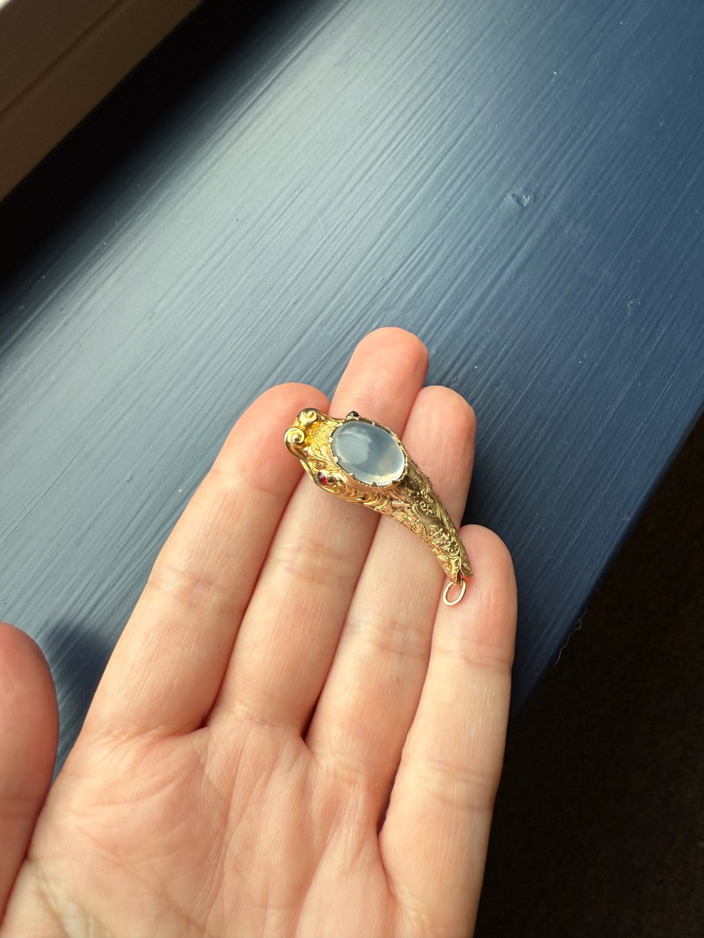 MOONSTONE Smiling SNAKE Large Victorian Antique Pendant CONNECTOR Extender Figural 10k Gold Solid Swivel Engraved Head Garnet Eyes