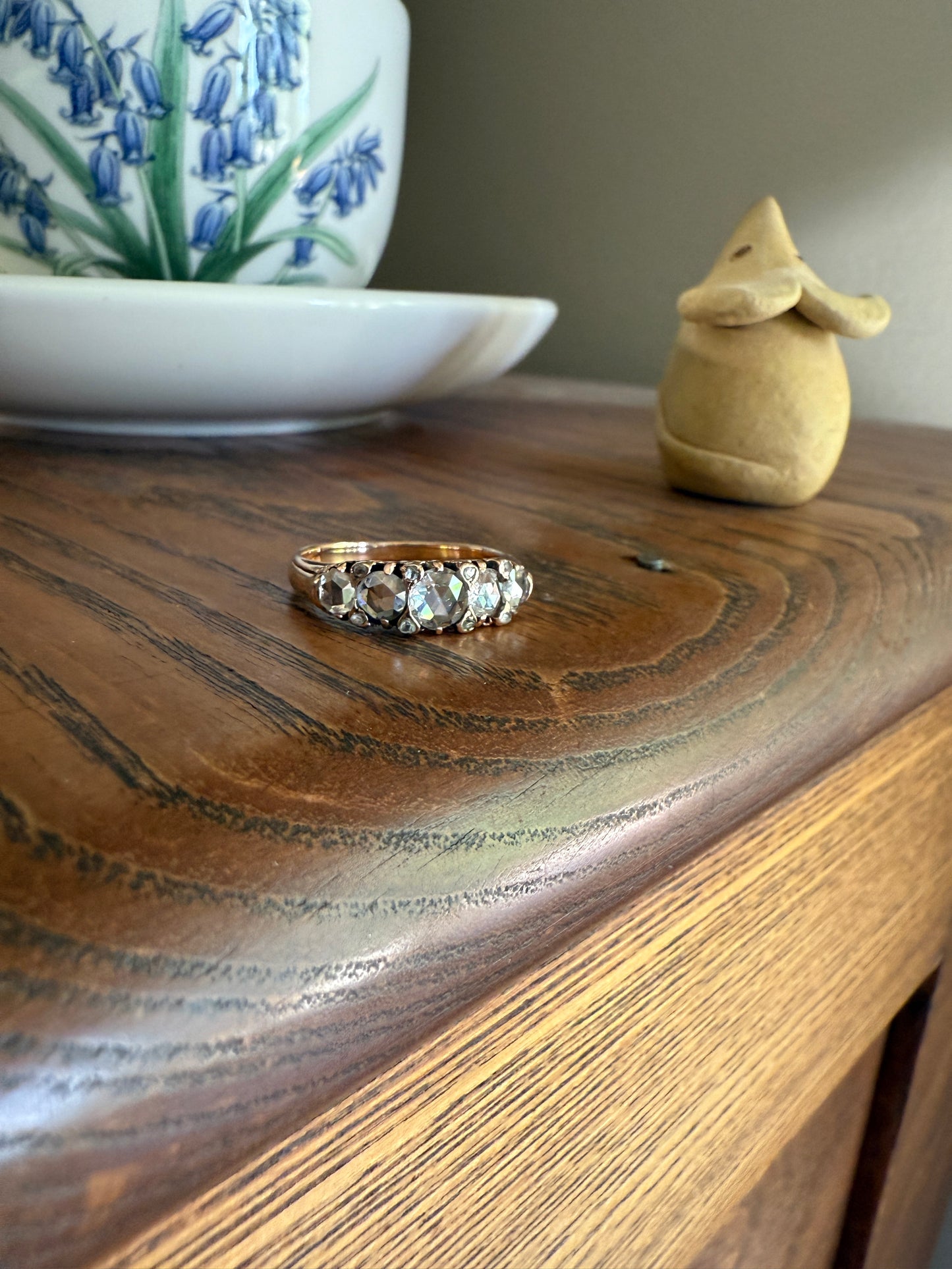 ANTIQUE Rose Cut DIAMOND Five Stone Band with Spacers Disco Ball Stacker Ring 14k Gold