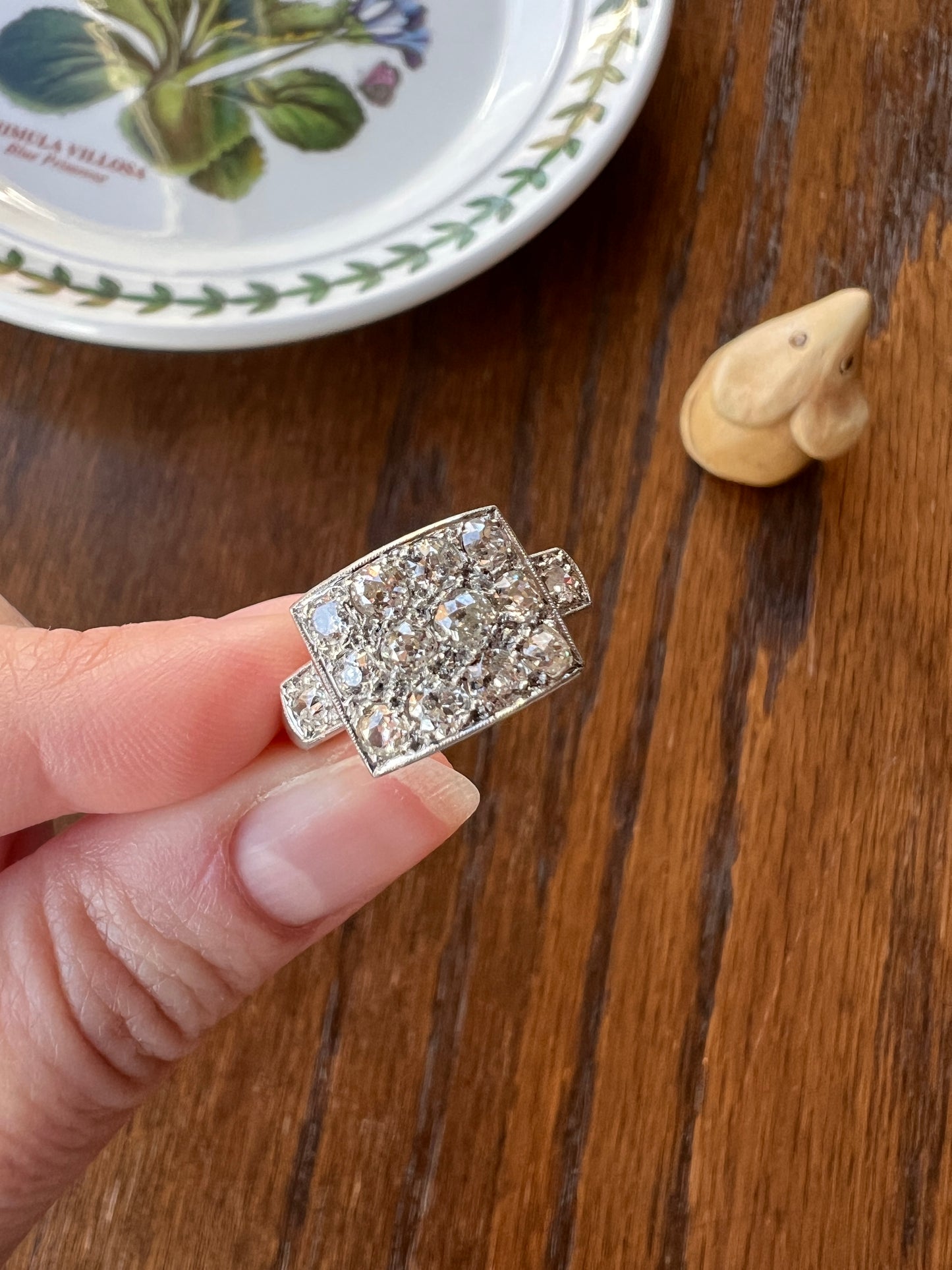Two Carat 14 Old Mine Cut DIAMOND Curved Cluster Grid Ring French Antique Platinum Cobblestone
