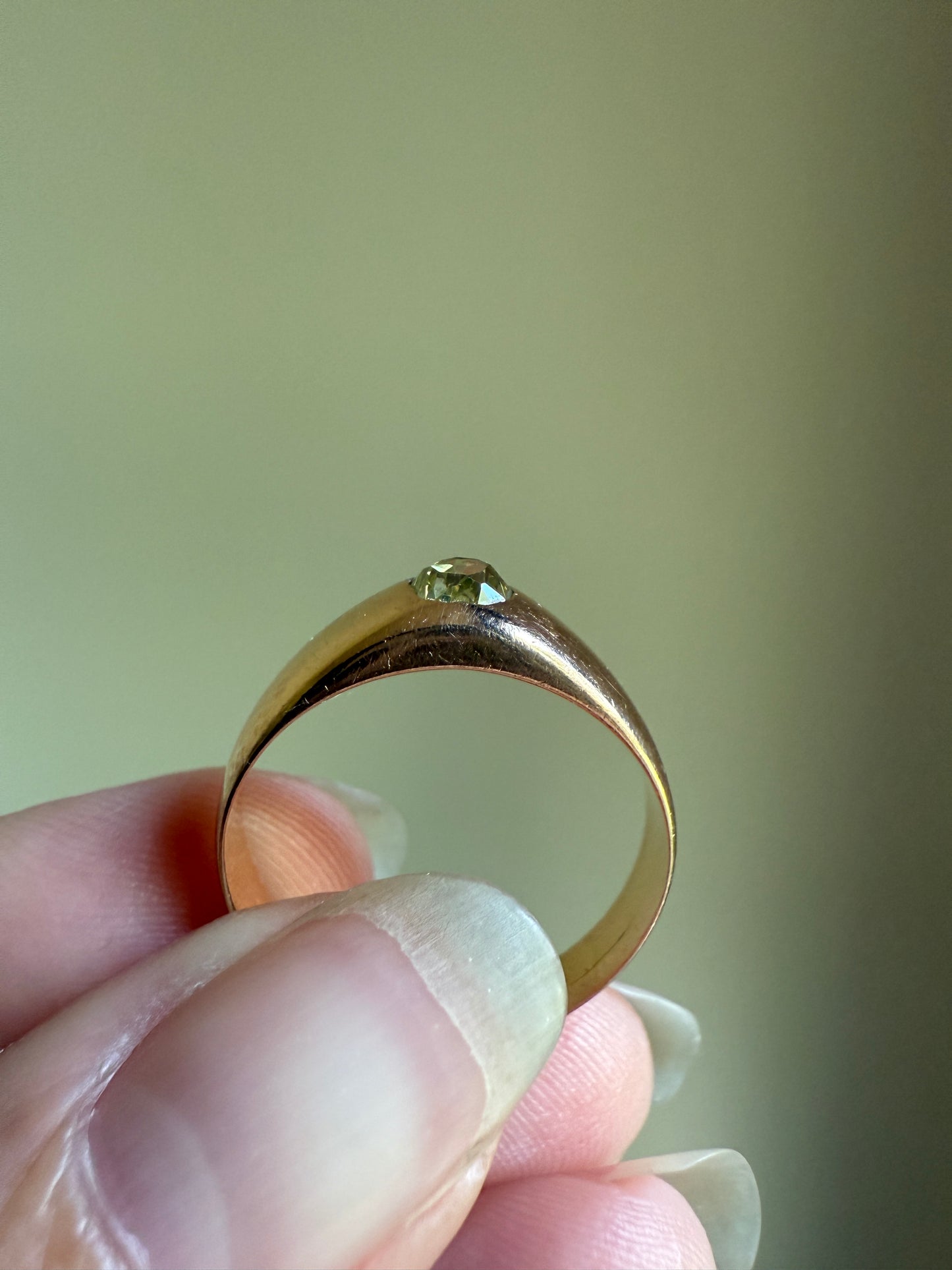Antique Eye Clean .3 Carat Fancy Light Greenish YELLOW Old Mine Cut DIAMOND Solitaire Gypsy Ring 18k Rosy Gold Chunky Band Gift Stacker Unisex OMC