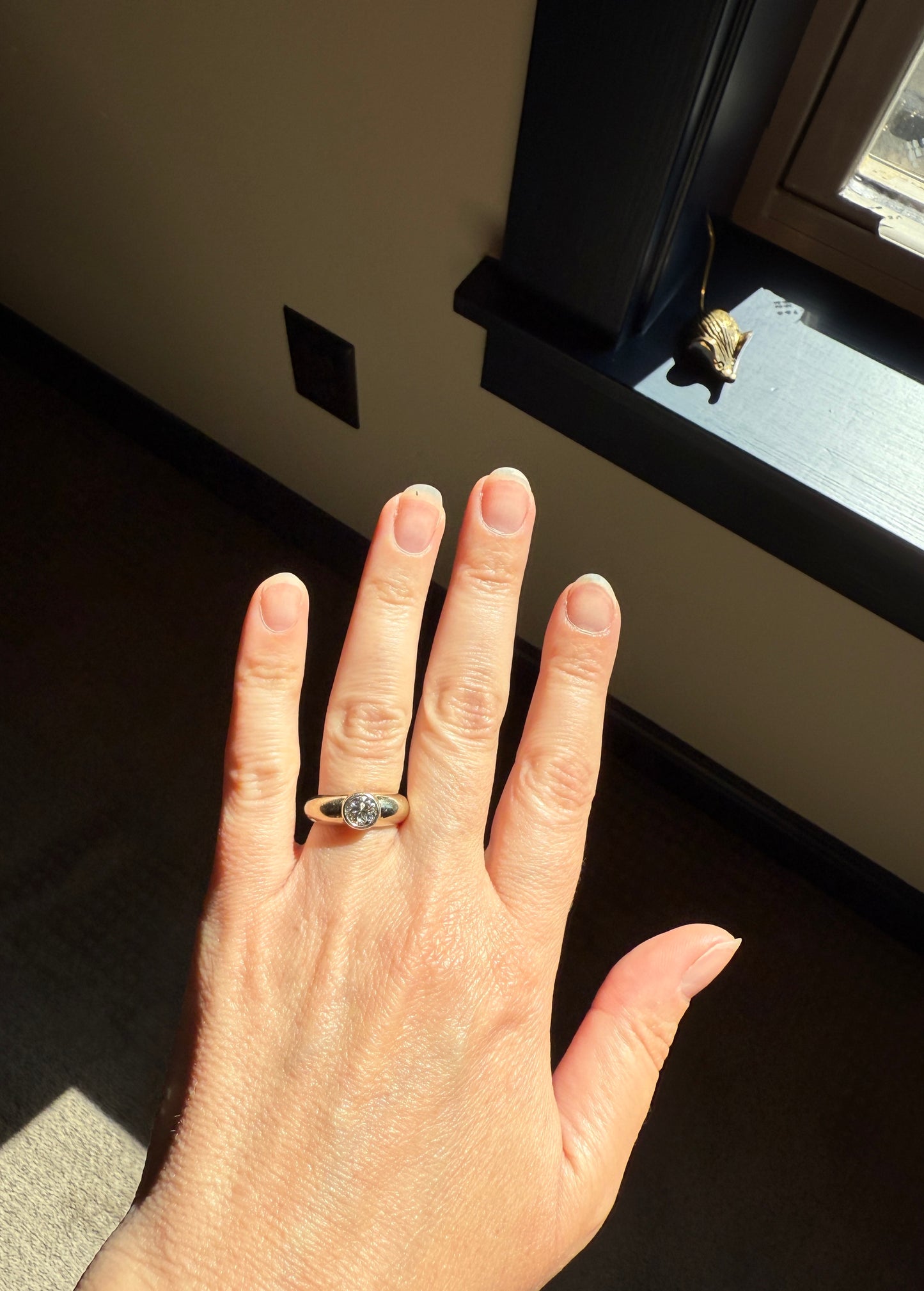 Vintage .73 Carat Transitional Cut DIAMOND Gypsy Bezel Set Ring Stacker Band Pale Yellow 18k Gold Solitaire