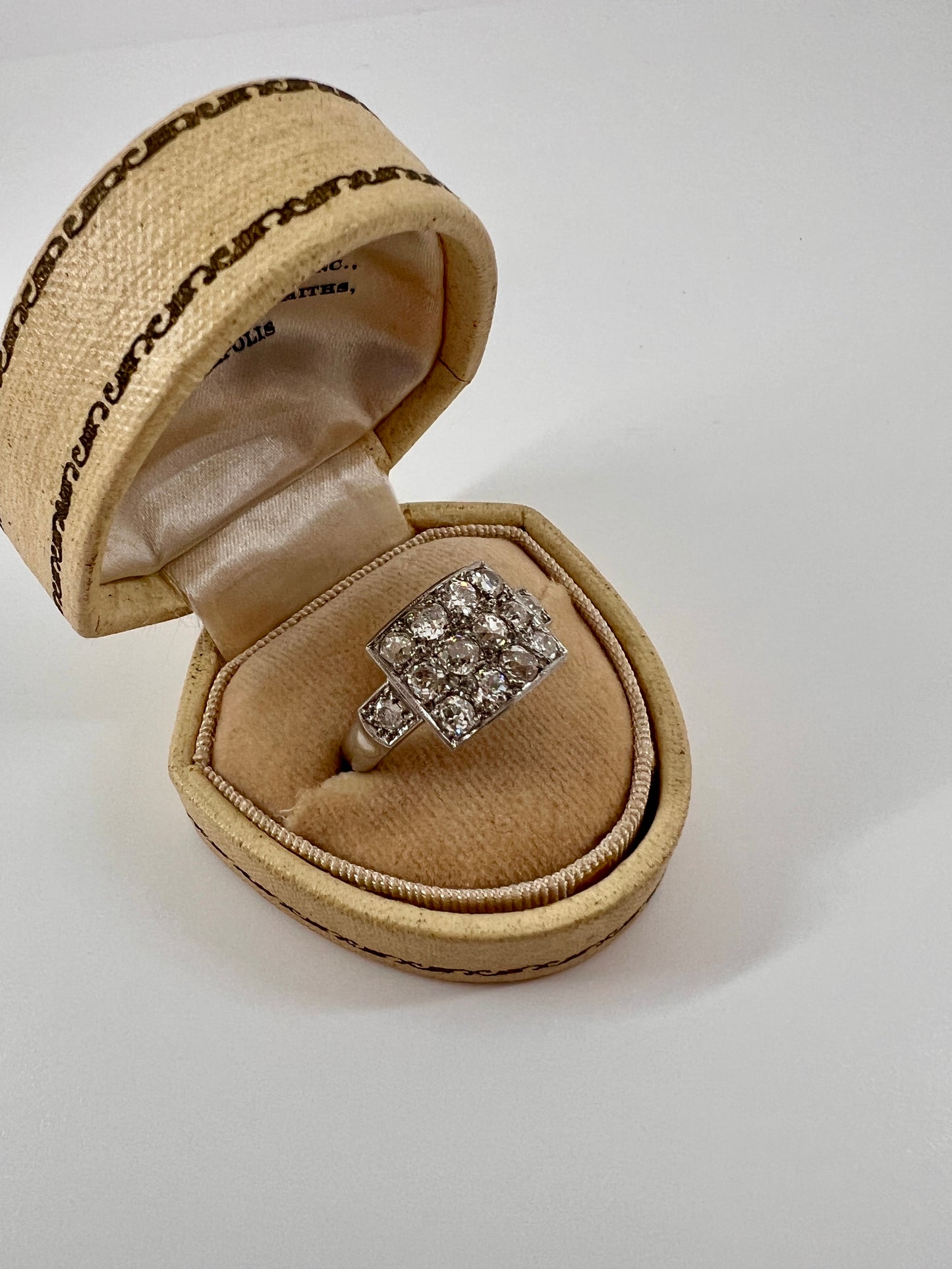 Two Carat 14 Old Mine Cut DIAMOND Curved Cluster Grid Ring French Antique Platinum Cobblestone