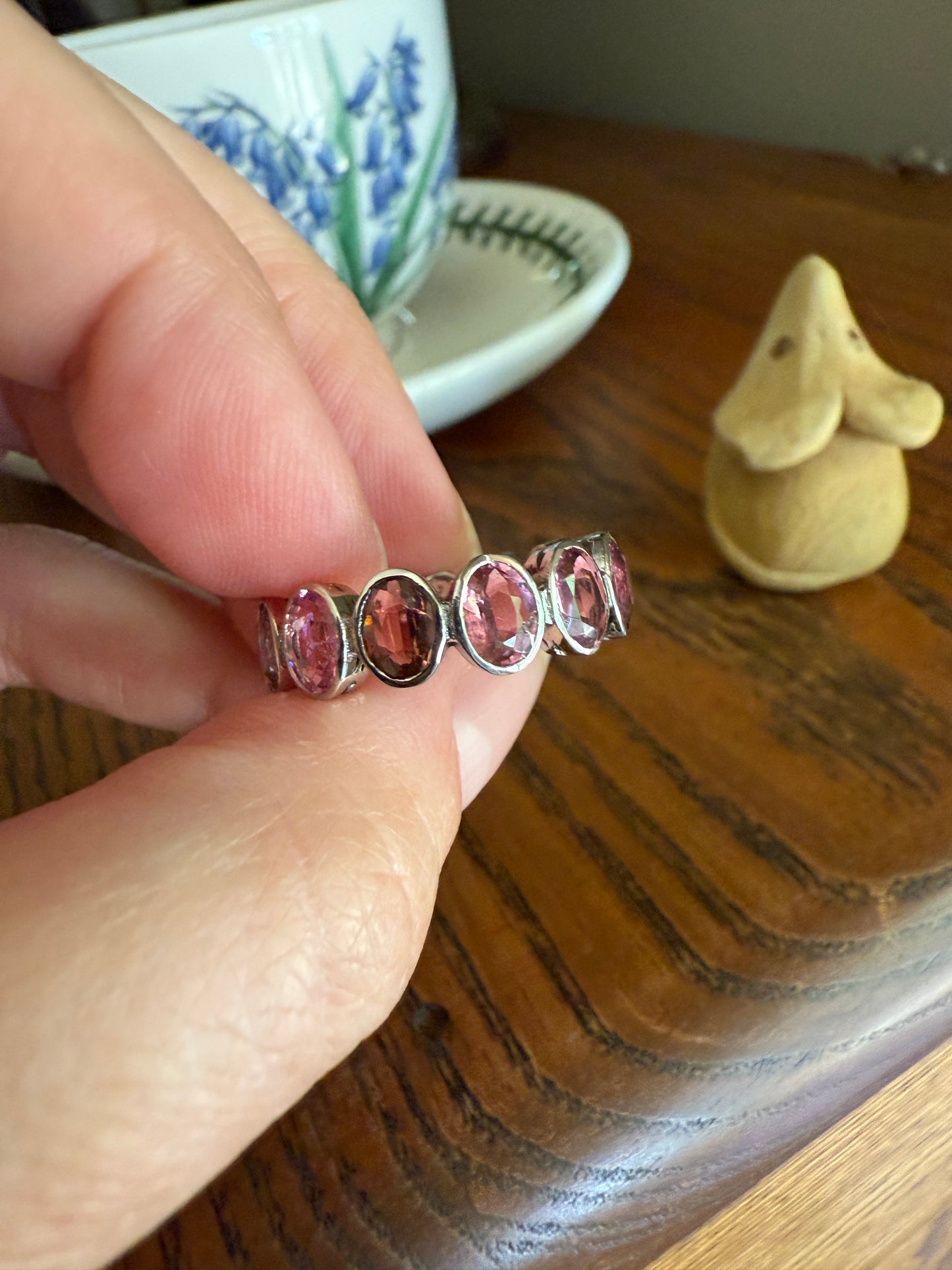 PINK TOURMALINE 5 Carats Natural French Vintage ETERNITY Ring 14k White Gold Wide Band Oval Pale Dusty Rose Light Dark Hue Chunky Stacker